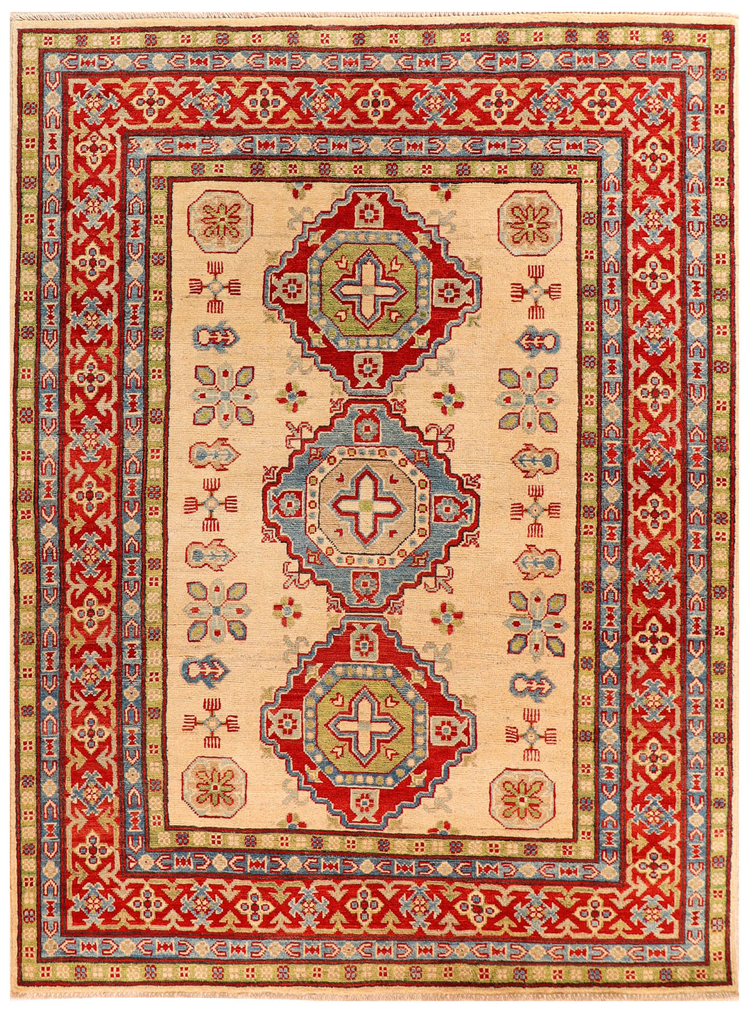 White Afghan Kazak Rug 5' x 6'9" Hand-Knotted