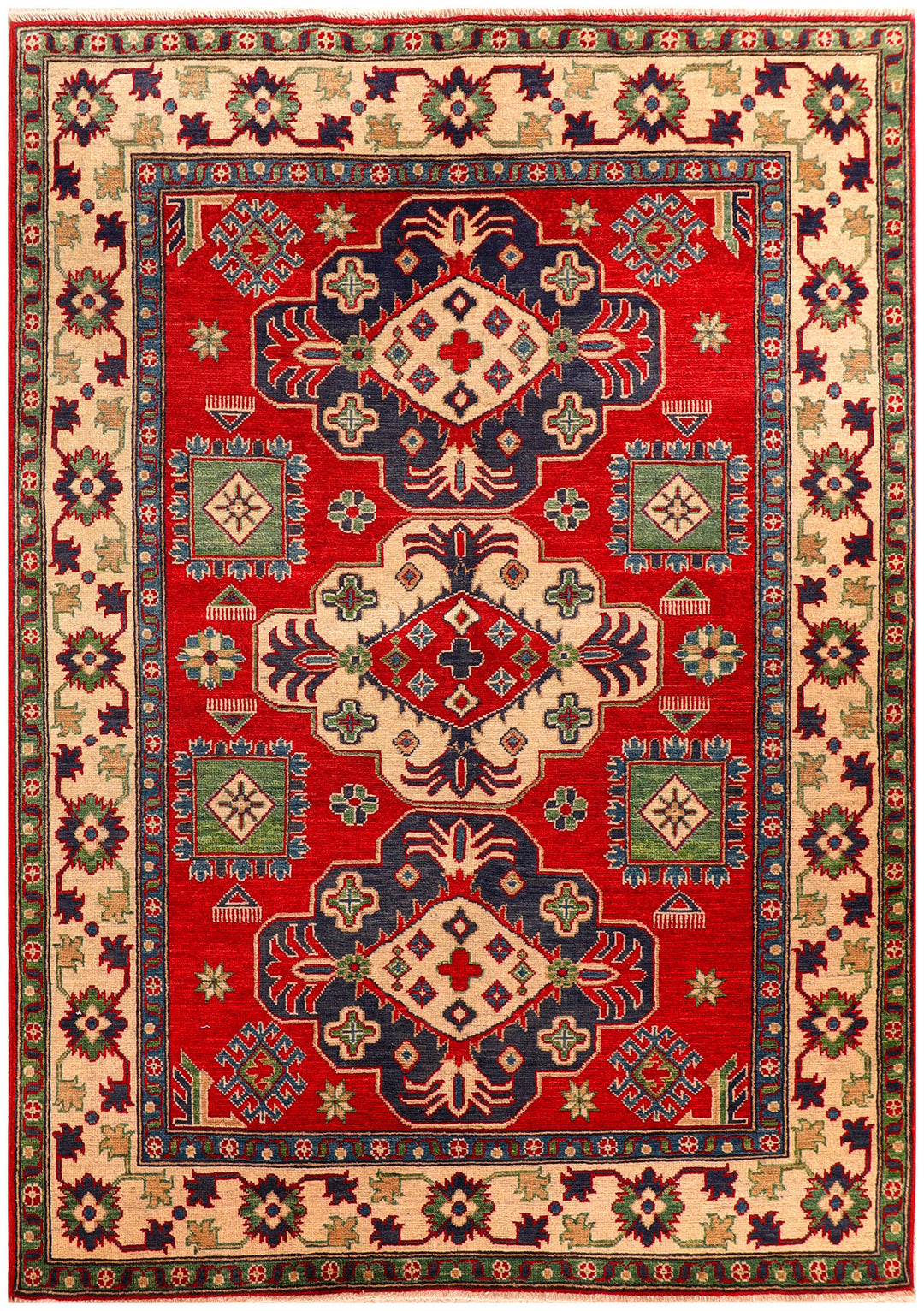 Red Afghan Kazak Rug 4' 10 x 6' 10 Hand-Knotted