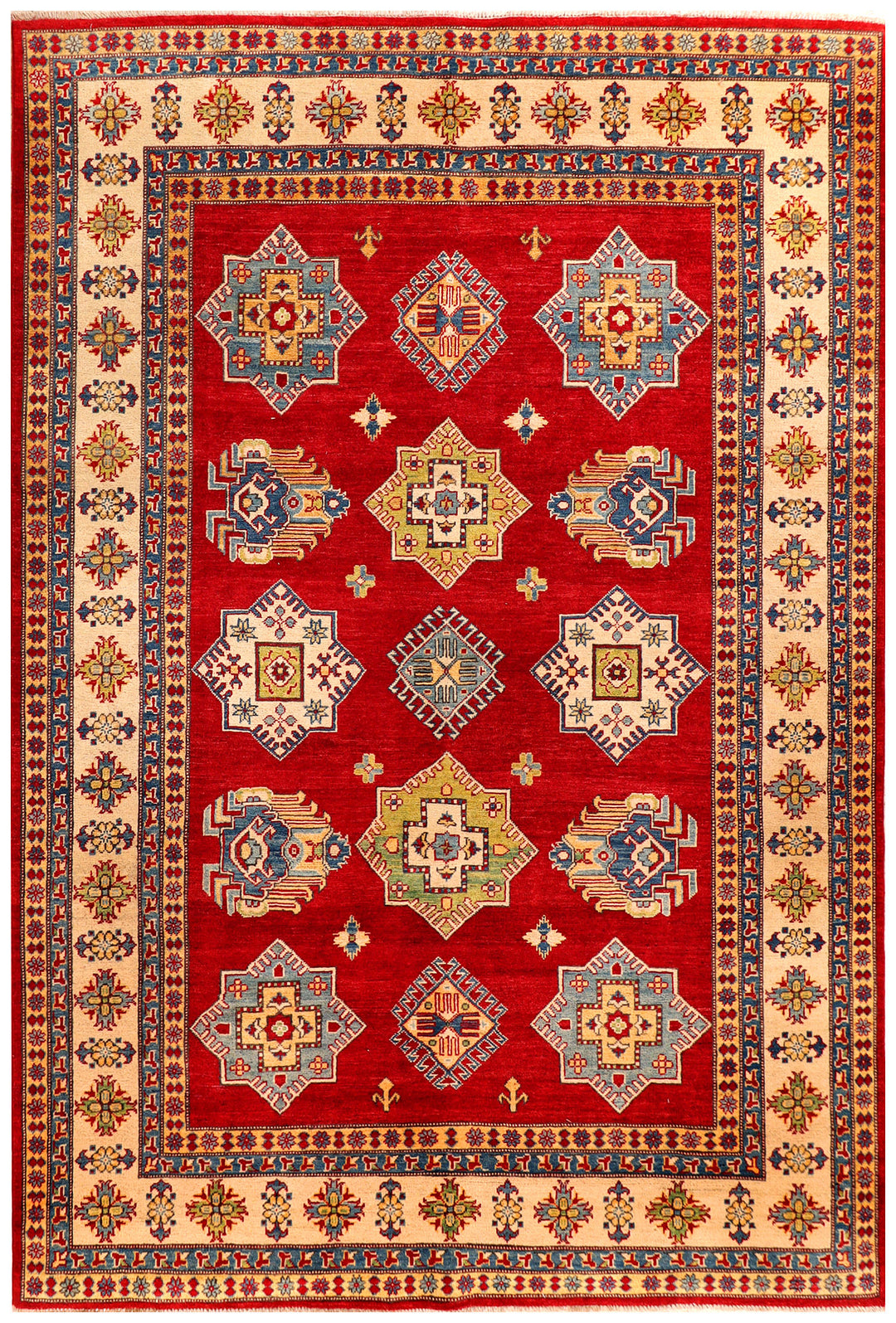 Red Afghan Kazak Rug 6' 8" x 9' 8" Hand-Knotted