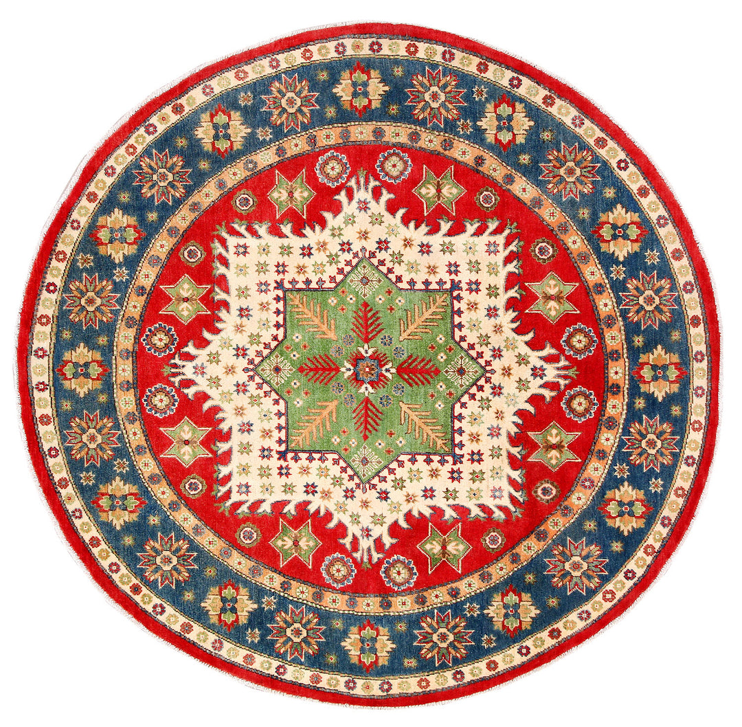 Red Afghan Kazak Rug 6'5" x 6'6" Hand-Knotted