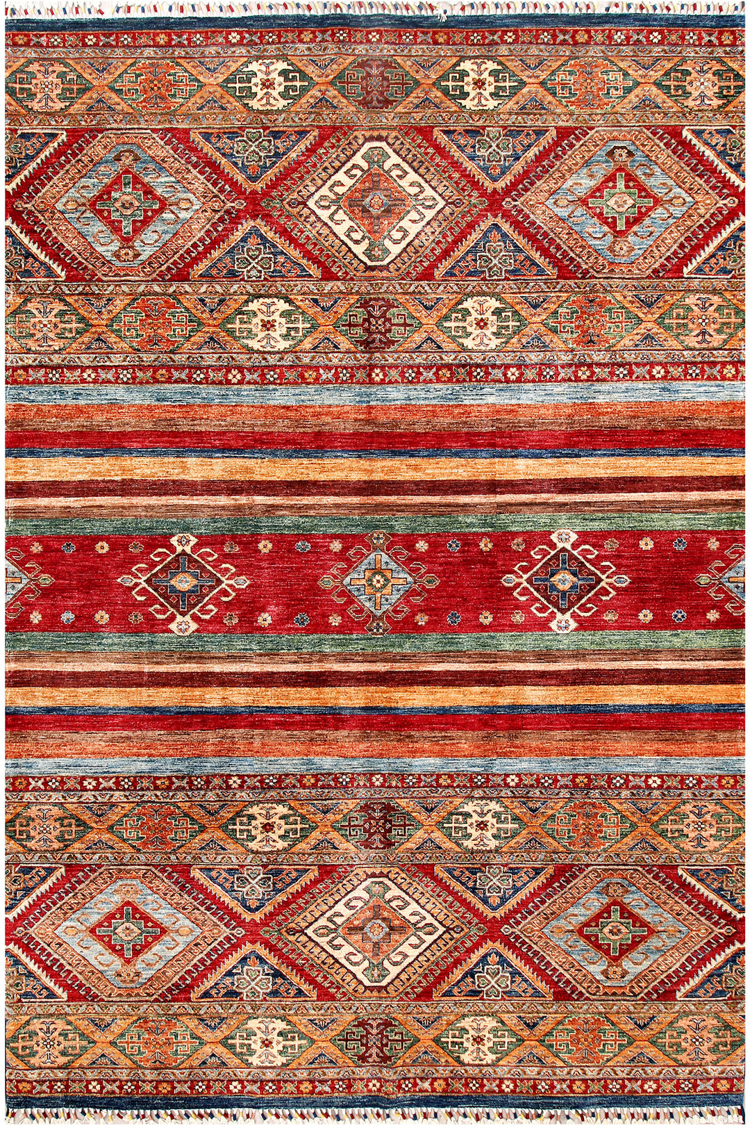 Afghan Kazak Rug 6' 8" x 9' 10" Hand-Knotted
