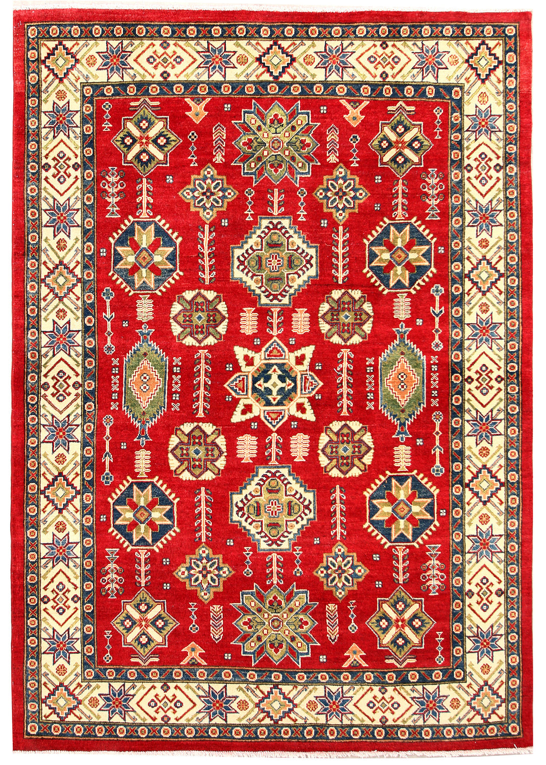 Red Afghan Kazak Rug 5' 8 x 8' Hand-Knotted