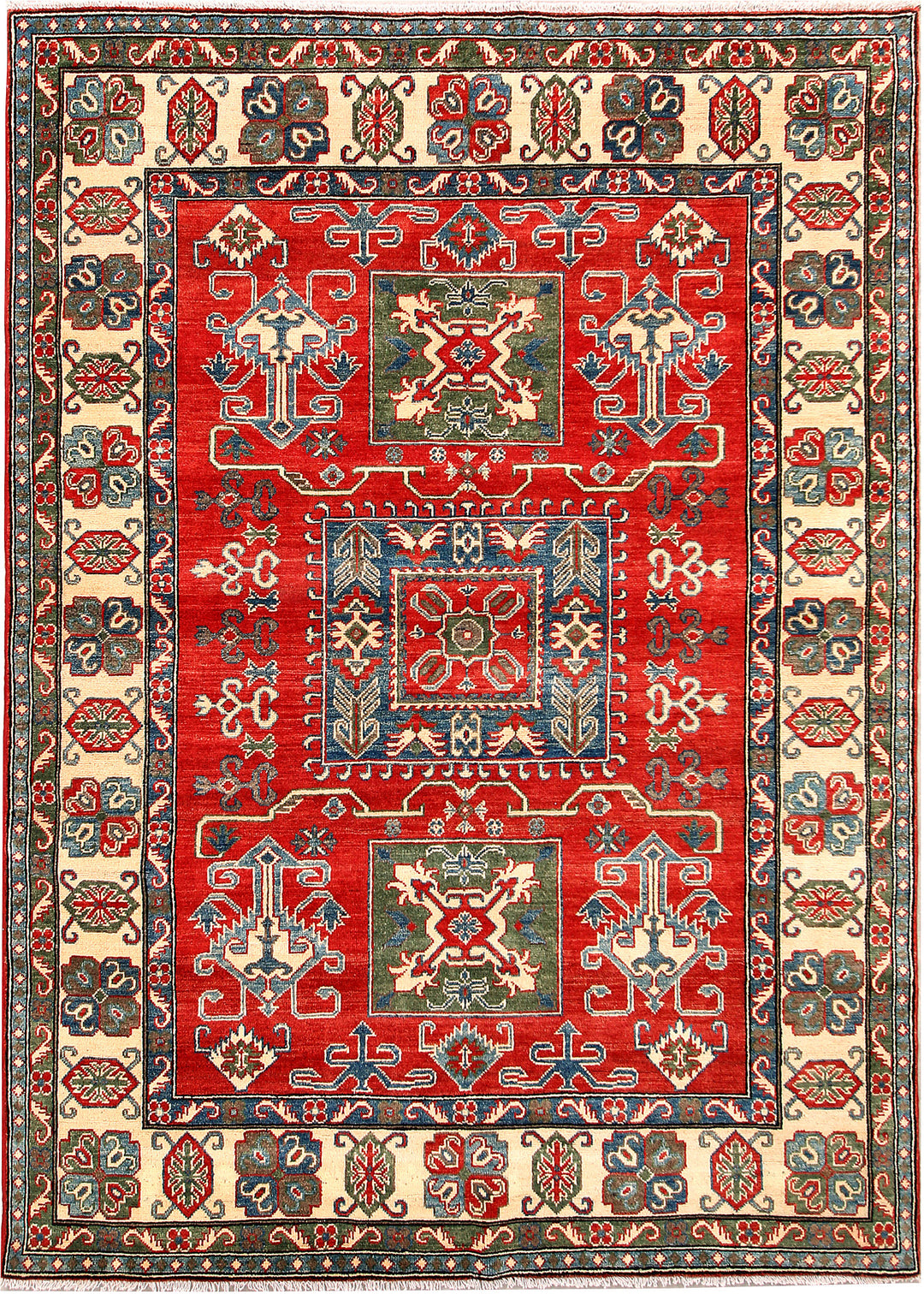 Red Afghan Kazak Rug 5' 8 x 7' 9 Hand-Knotted