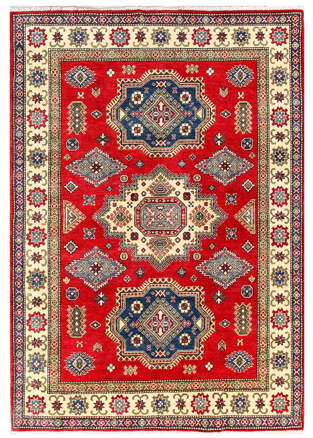 Red Afghan Kazak Rug 5' 7" x 8' Hand-Knotted