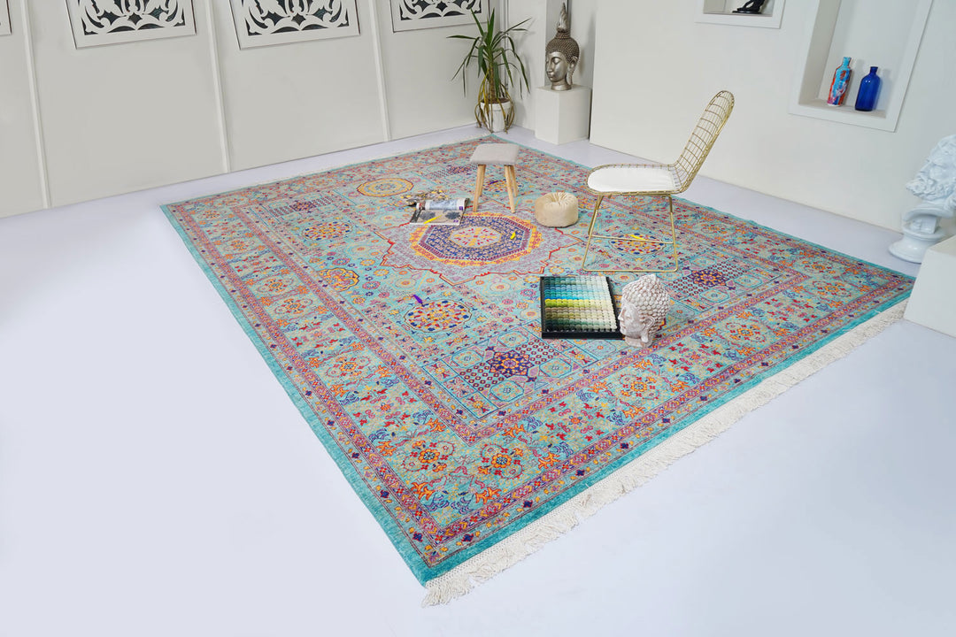 Aqua Afghan Mamluk Rug 8' 11" x 11' 8" Hand-Knotted