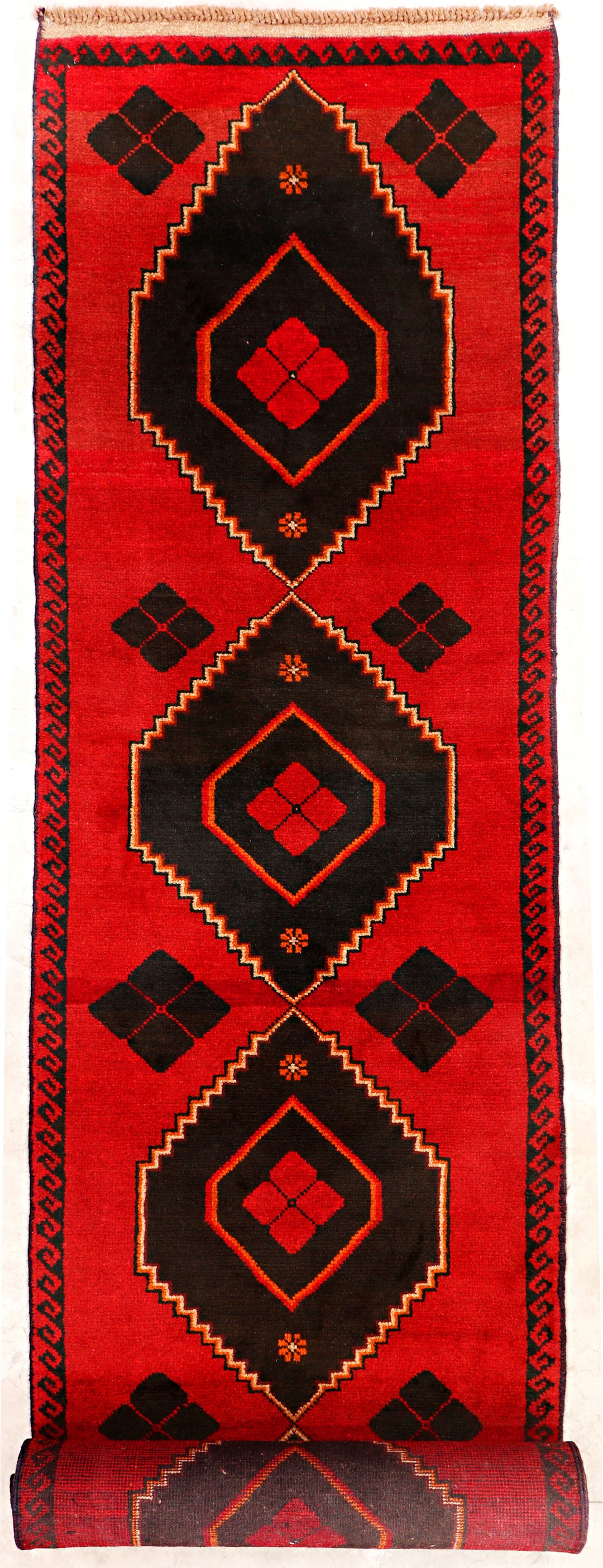 Red Afghan Baluchi Rug 2' 7" x 12' 10" Hand-Knotted