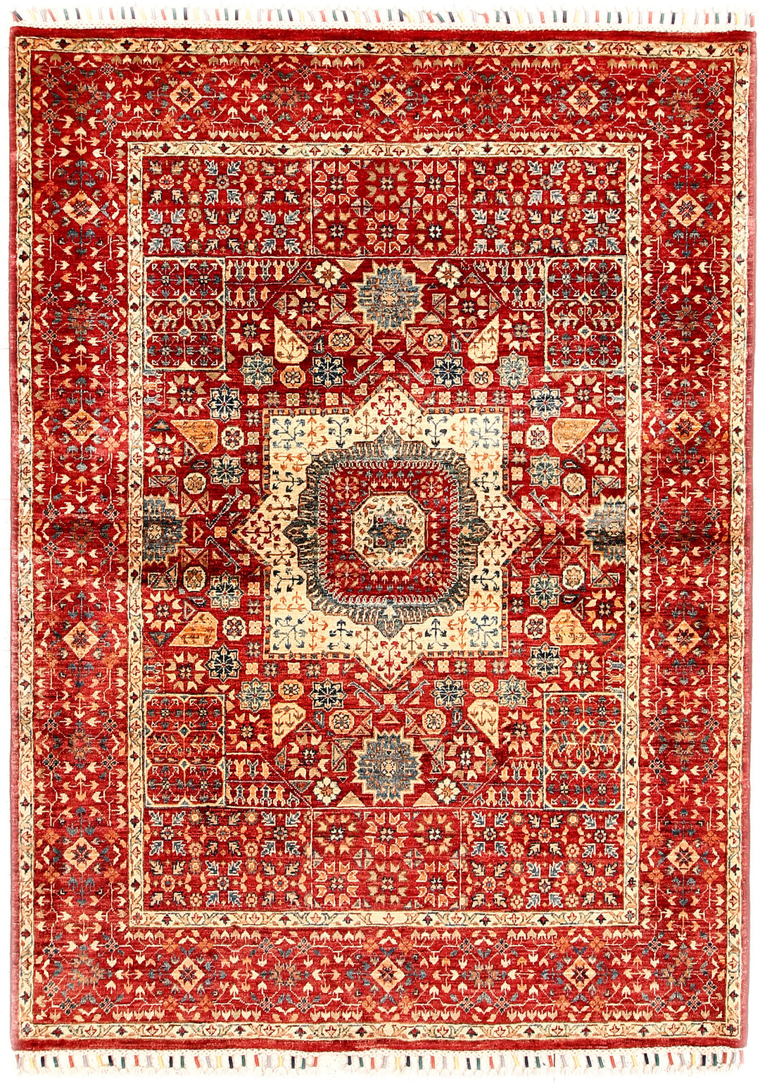 Firebrick Afghan Mamluk Rug 4'11" x 6'8" Hand-Knotted