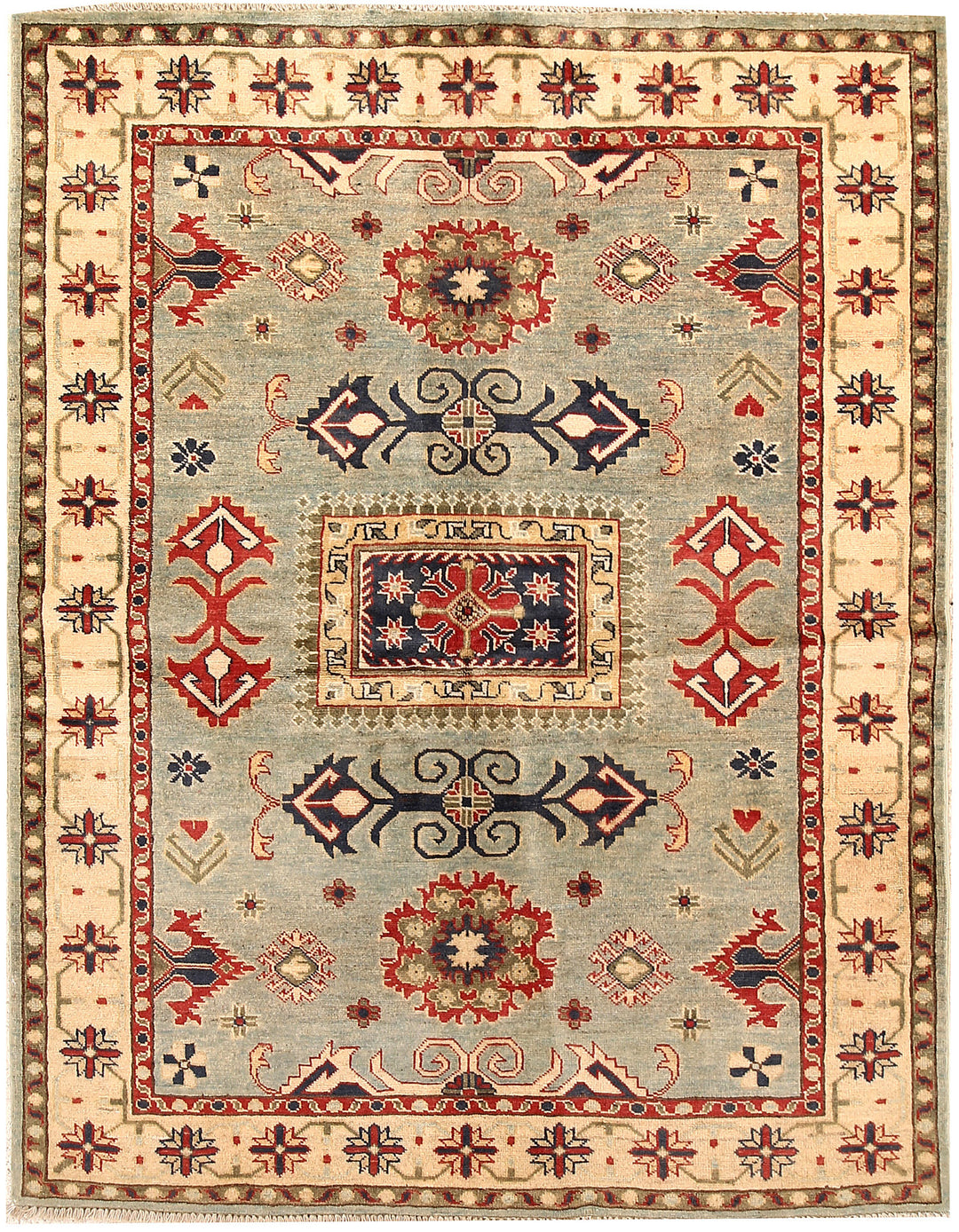Silver Afghan Kazak Rug 4' 10 x 6' 5 Hand-Knotted