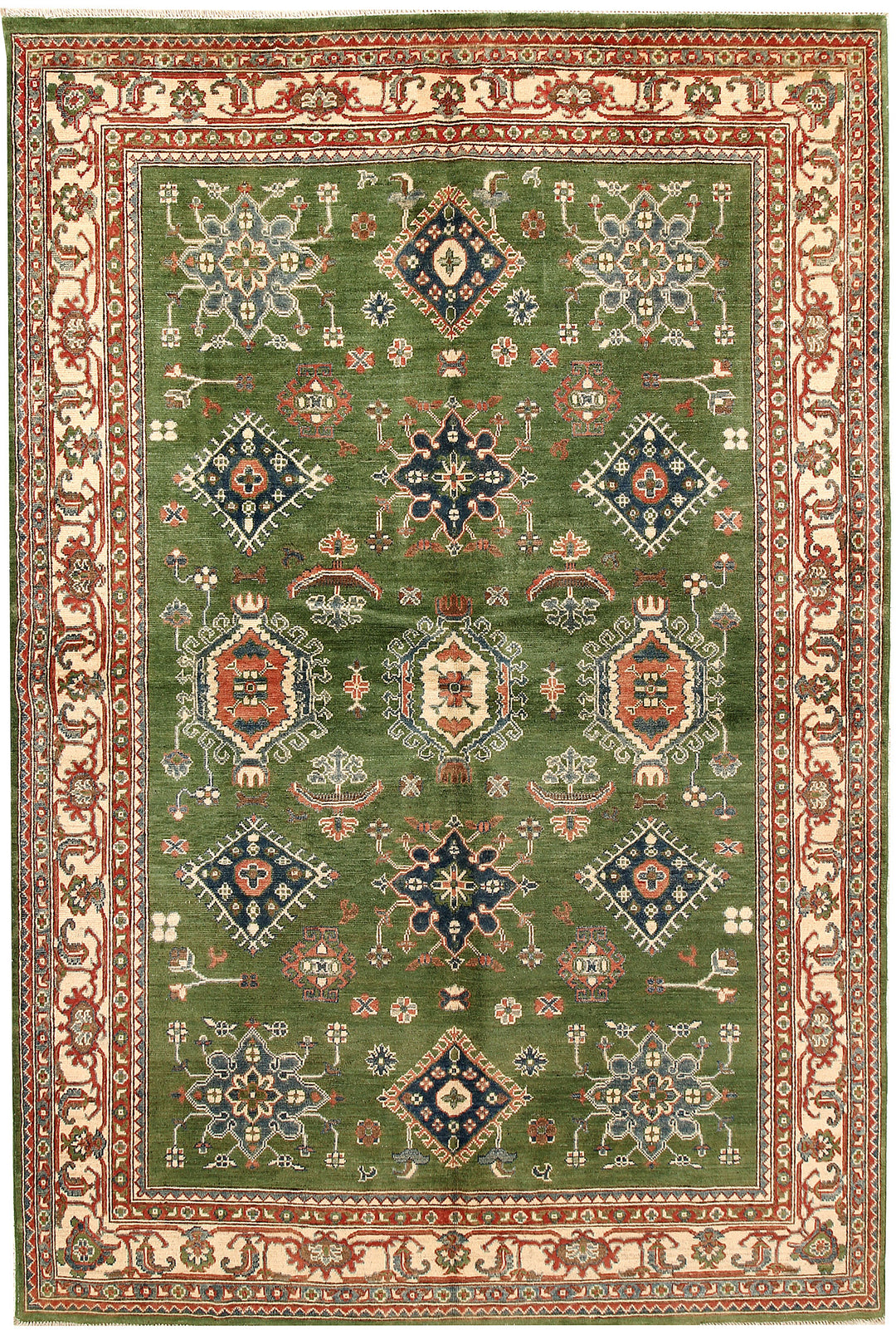 Olive Afghan Kazak Rug 6' 4 x 9' 7 Hand-Knotted