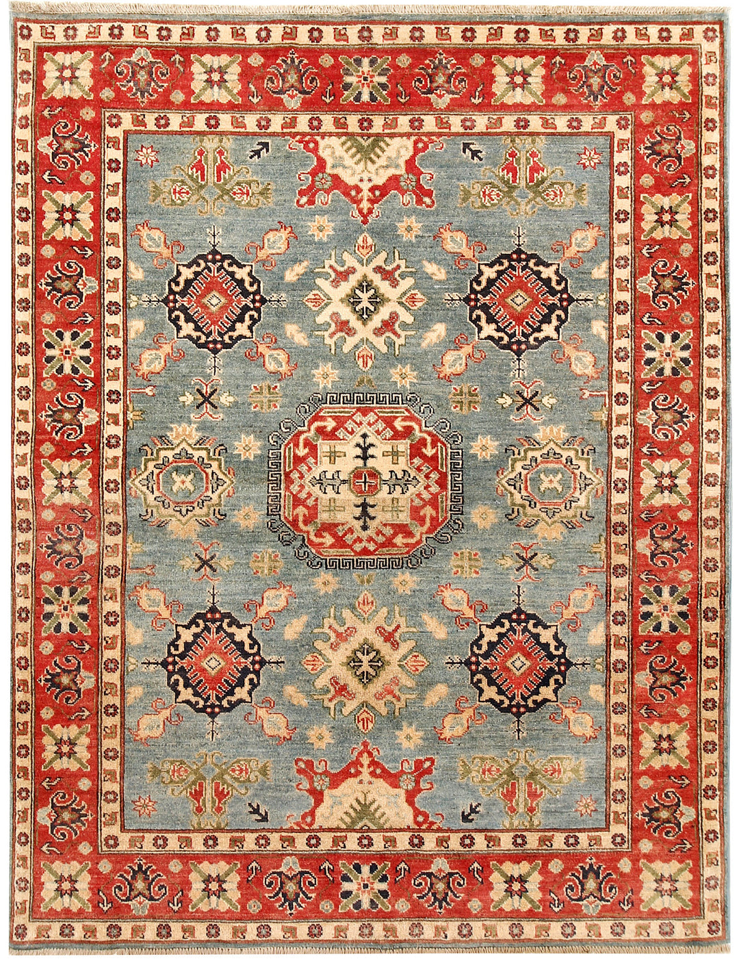 Silver Afghan Kazak Rug 5' x 6' 7 Hand-Knotted