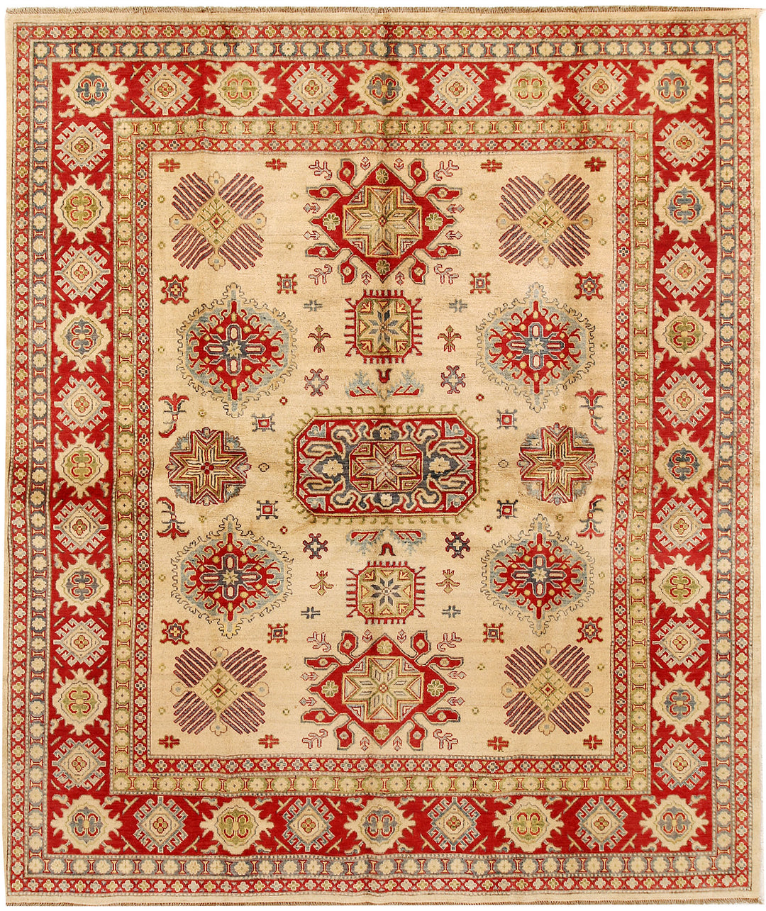 Tan Afghan Kazak Rug 7'10" x 9'5" Hand-Knotted