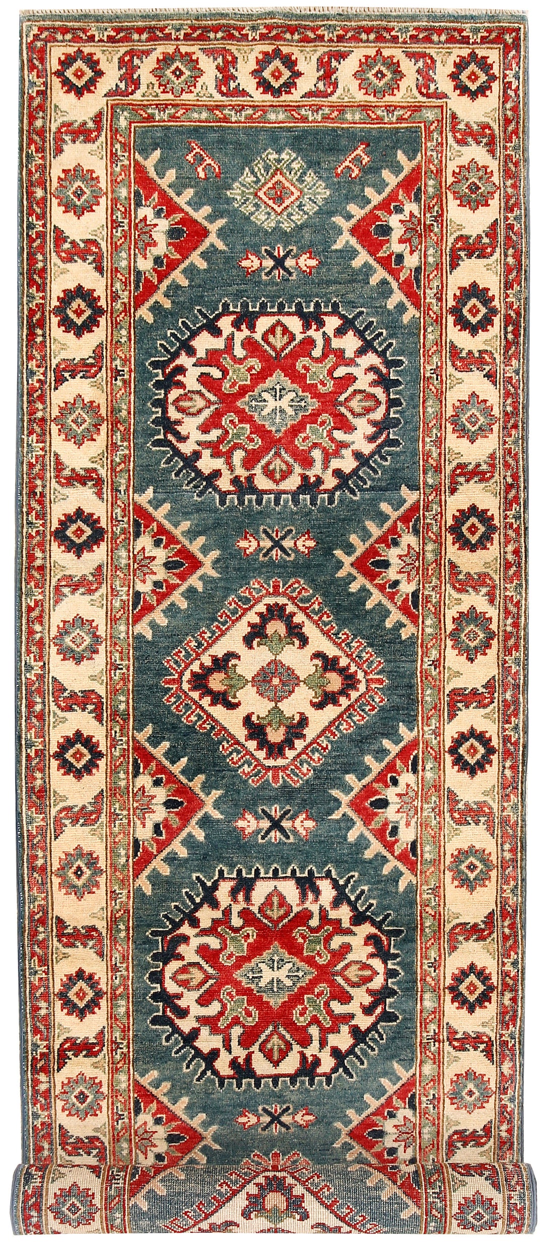 Teal Afghan Kazak Rug 2' 7" x 9' 5" Hand-Knotted