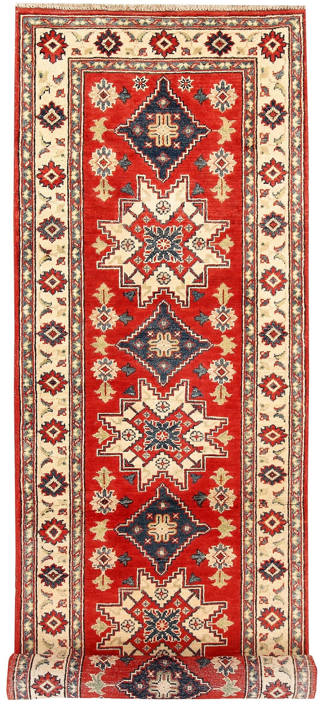 Orange Red Afghan Kazak Rug 2' 9 x 9' 7 Hand-Knotted