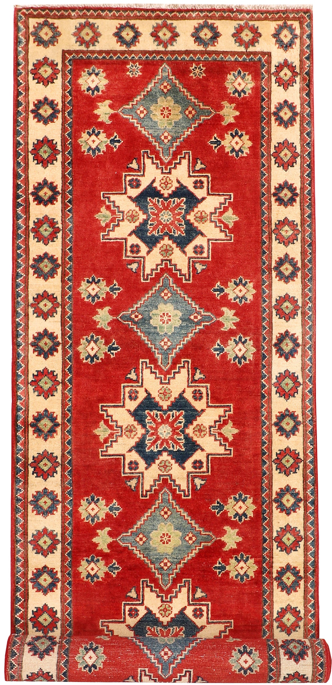 Red Afghan Kazak Rug 2' 9" x 9' 9" Hand-Knotted