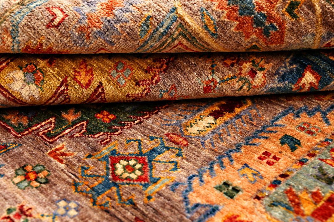 Tan Afghan Kazak Rug 5' x 6' 9" Hand-Knotted