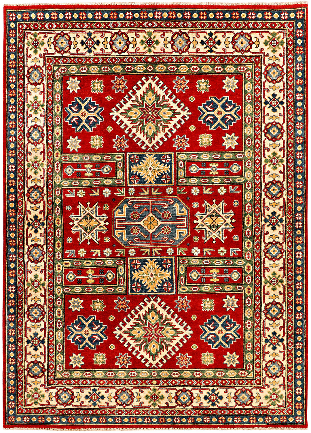 Red Afghan Kazak Rug 4' 10" x 6' 11" Hand-Knotted