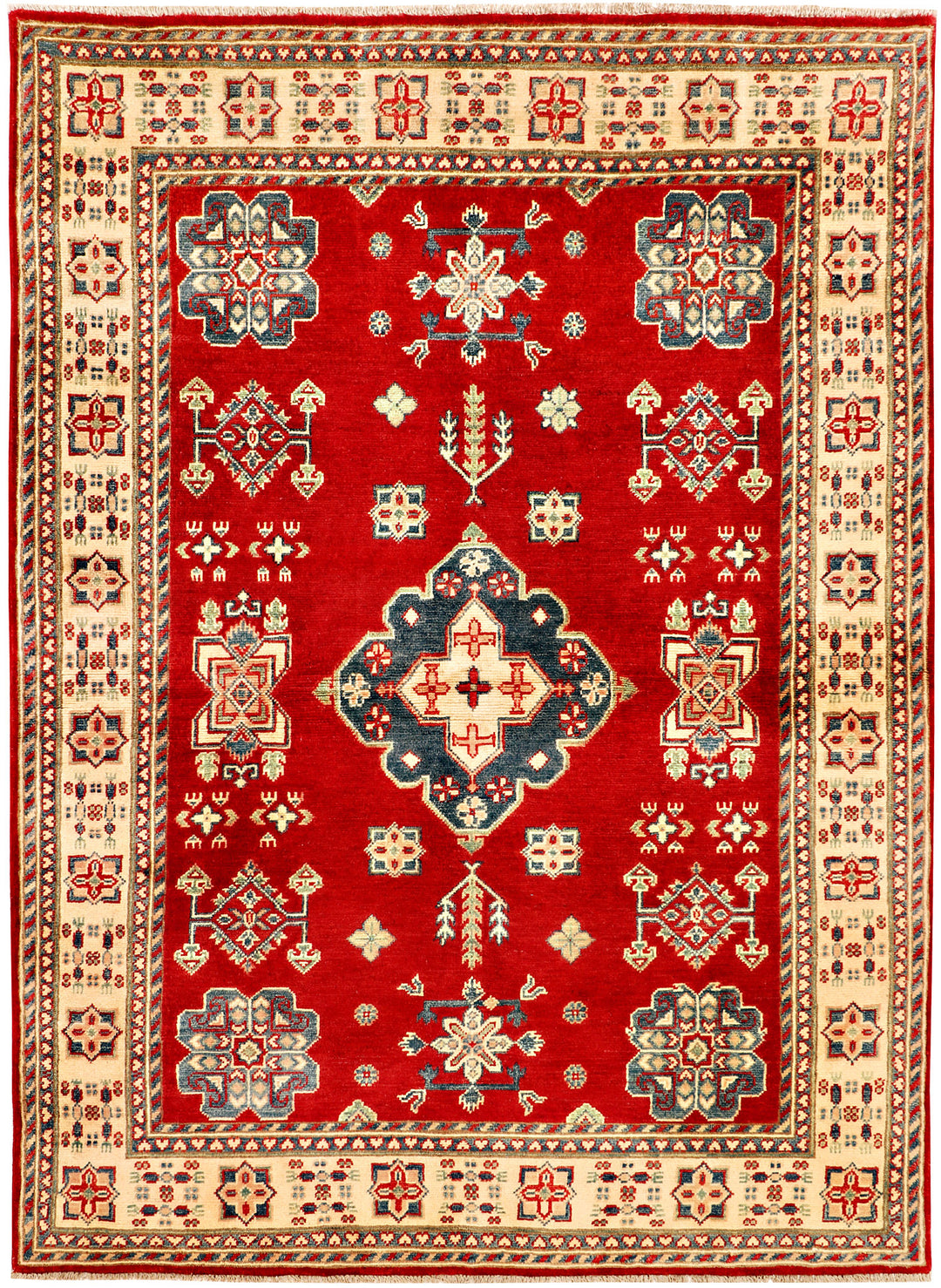 Red Afghan Kazak Rug 4' 9 x 6' 7 Hand-Knotted