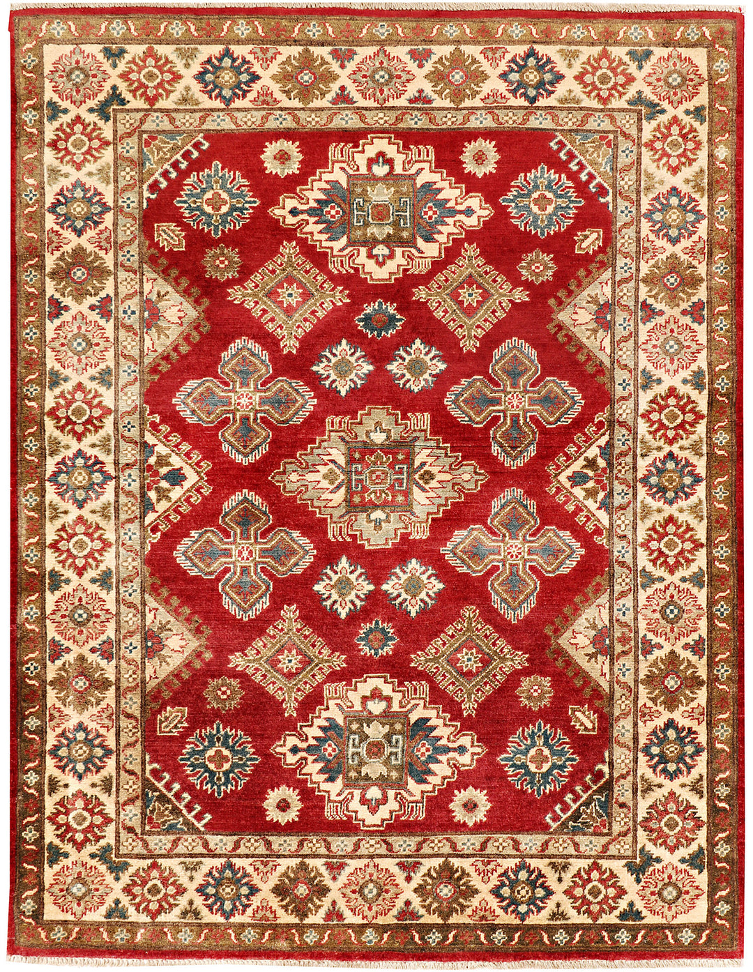 Red Afghan Kazak Rug 5' x 6' 6 Hand-Knotted