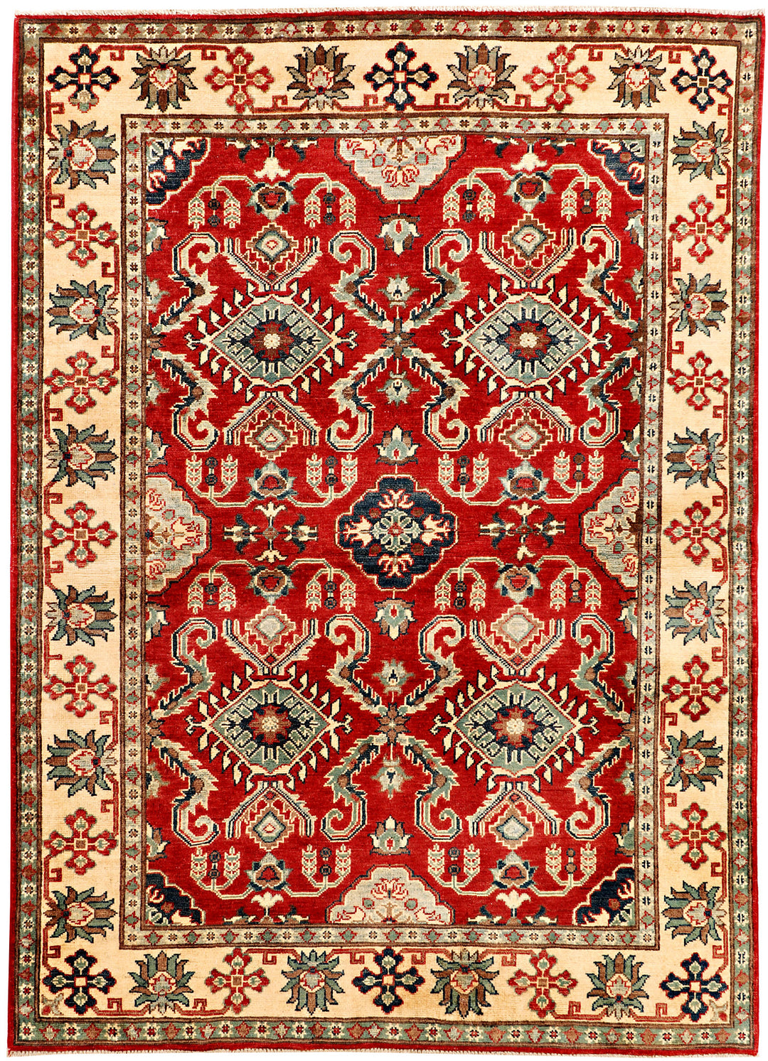 Red Afghan Kazak Rug 4' 10 x 6' 9 Hand-Knotted