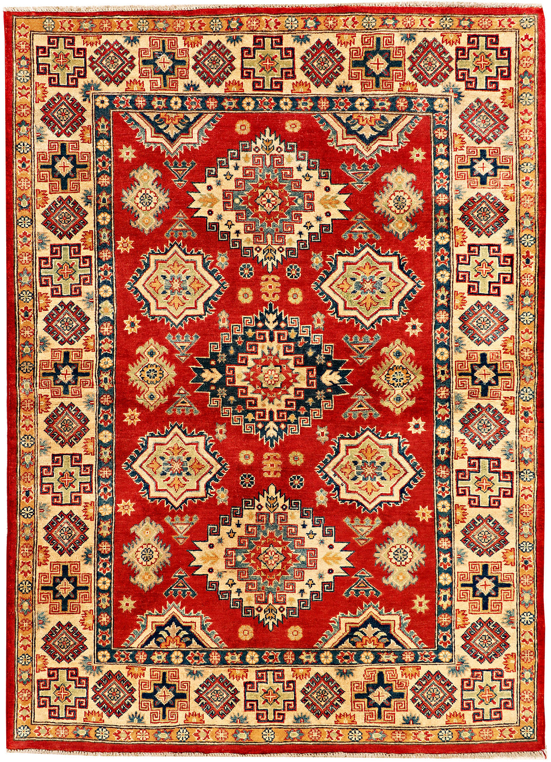 Red Afghan Kazak Rug 4'10" x 6'11" Hand-Knotted
