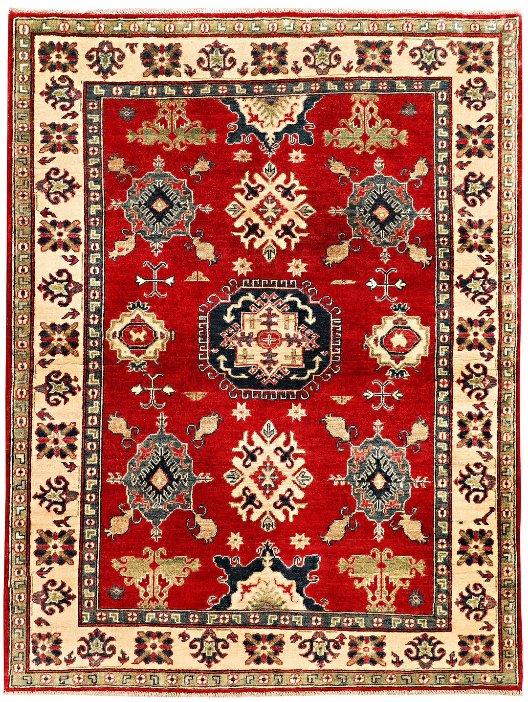 Red Afghan Kazak Rug 5' x 6' 8" Hand-Knotted