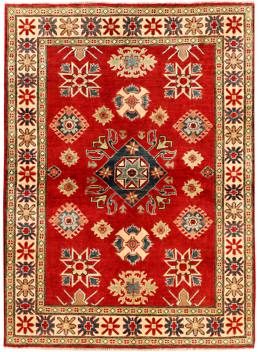Red Afghan Kazak Rug 4' 9" x 6' 6" Hand-Knotted