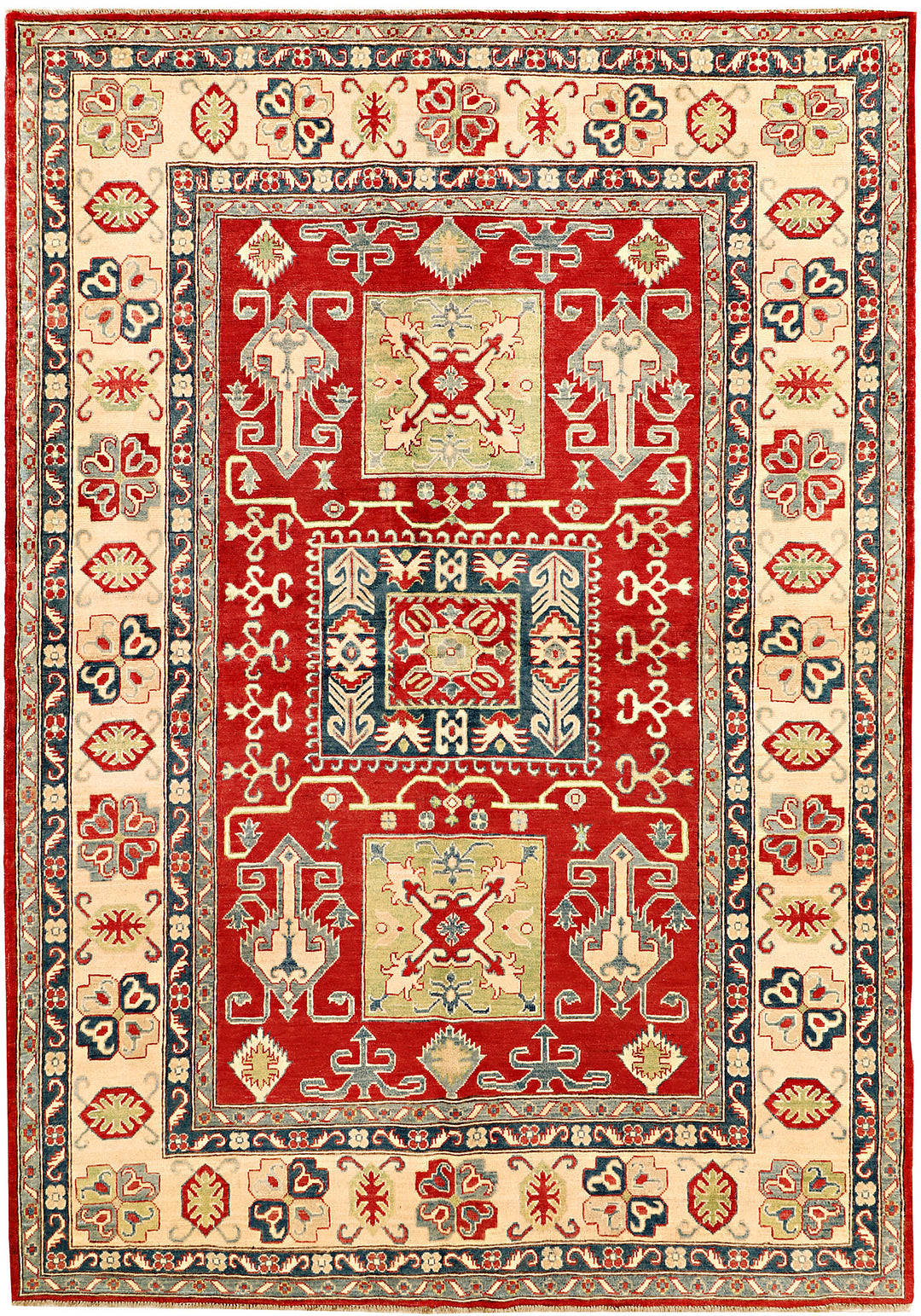 Red Afghan Kazak Rug 6' 8 x 9' 7 Hand-Knotted