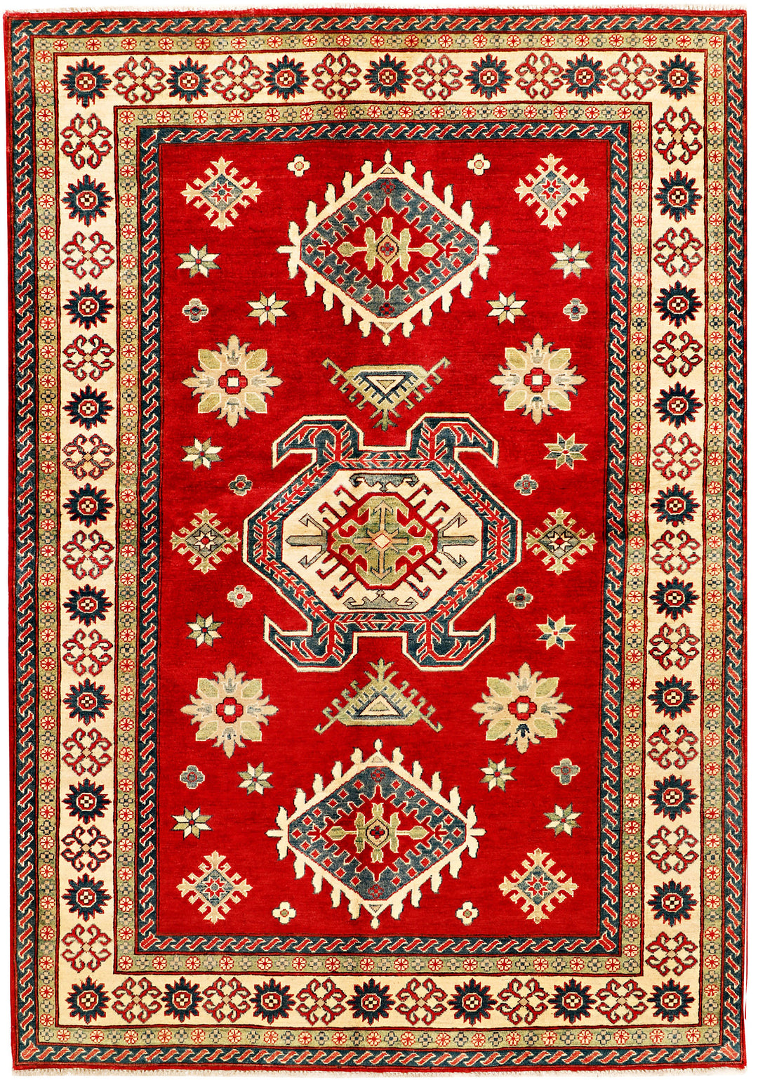 Red Afghan Kazak Rug 6'6" x 9'4" Hand-Knotted
