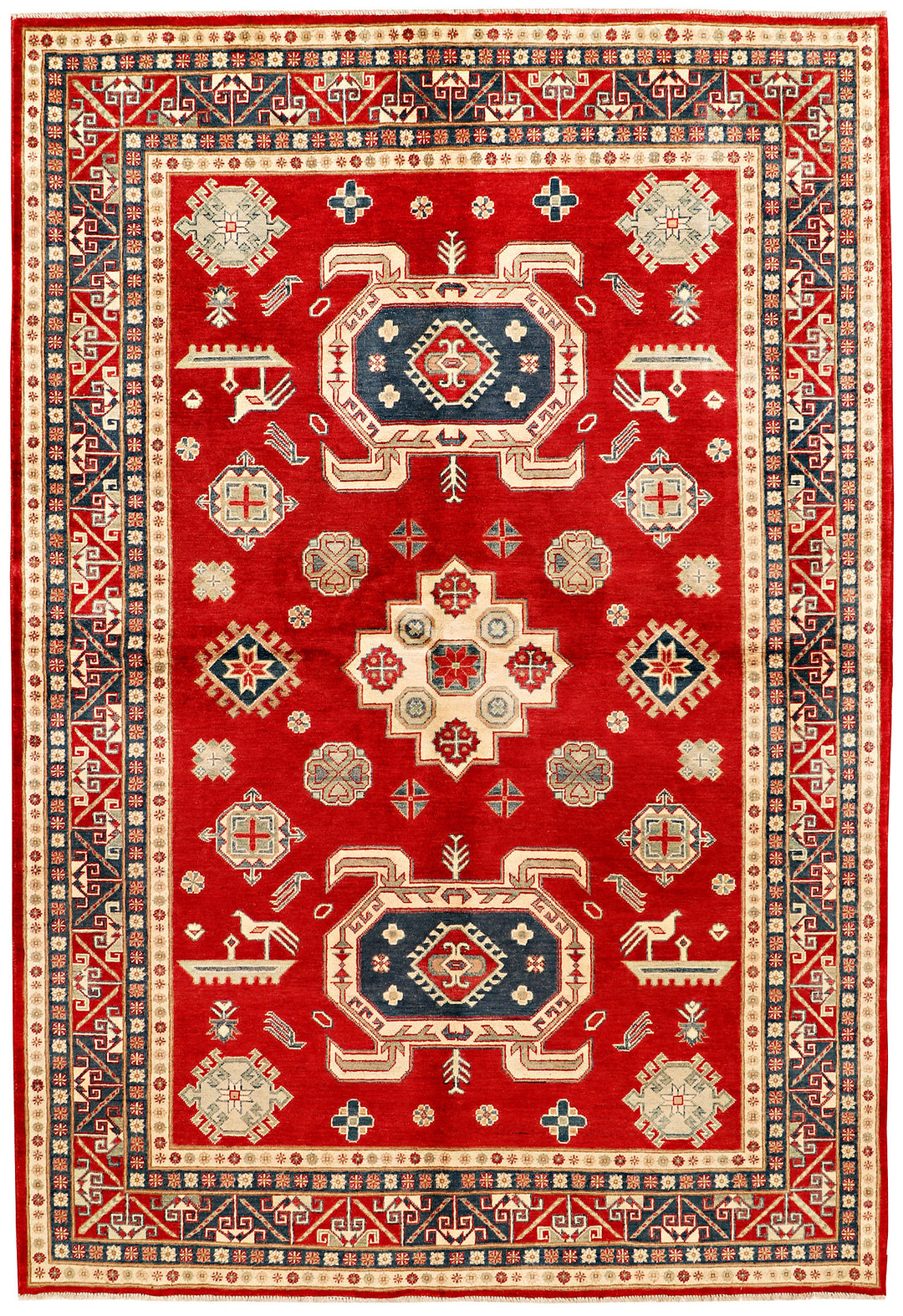 Red Afghan Kazak Rug 6' 7 x 9' 5 Hand-Knotted