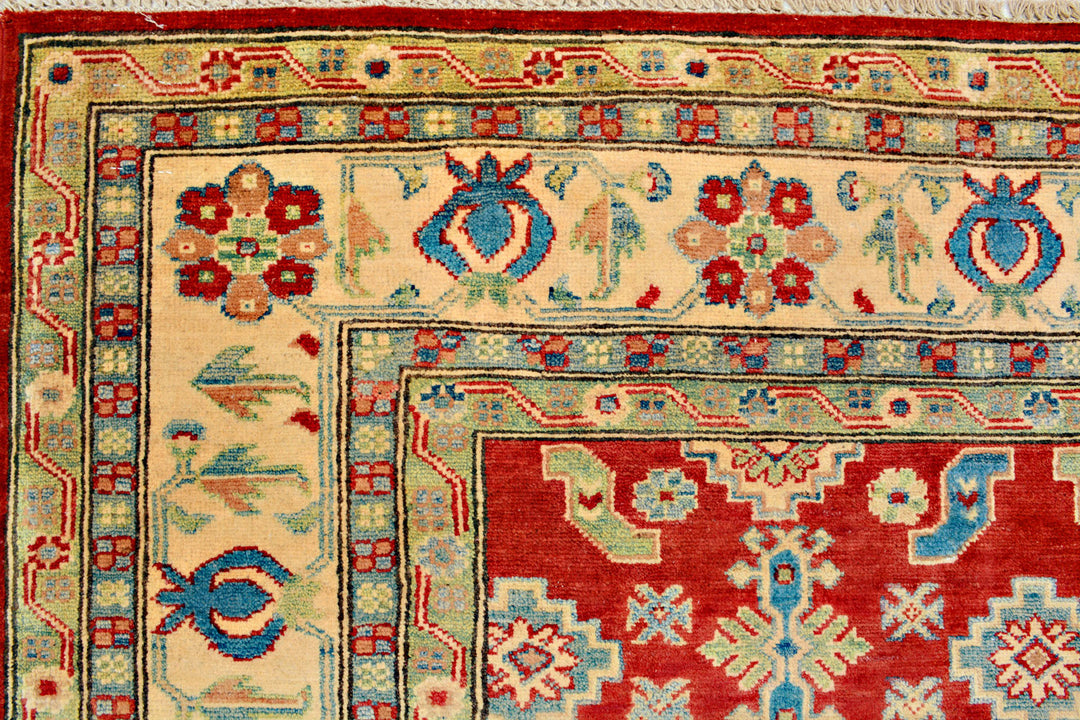 Red Afghan Kazak Rug 6' 8" x 9' 11" Hand-Knotted