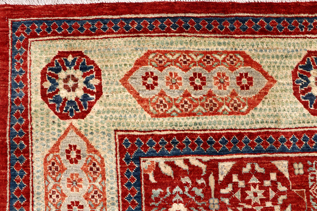 Firebrick Afghan Mamluk Rug 6' 8" x 9' 9" Hand-Knotted