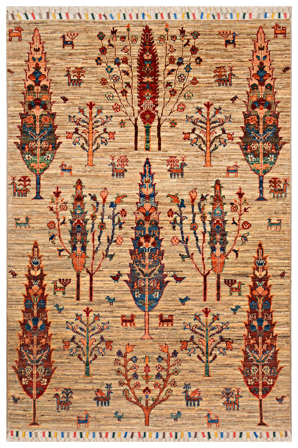 Tan Afghan Kazak Rug 3' 4 x 5' Hand-Knotted