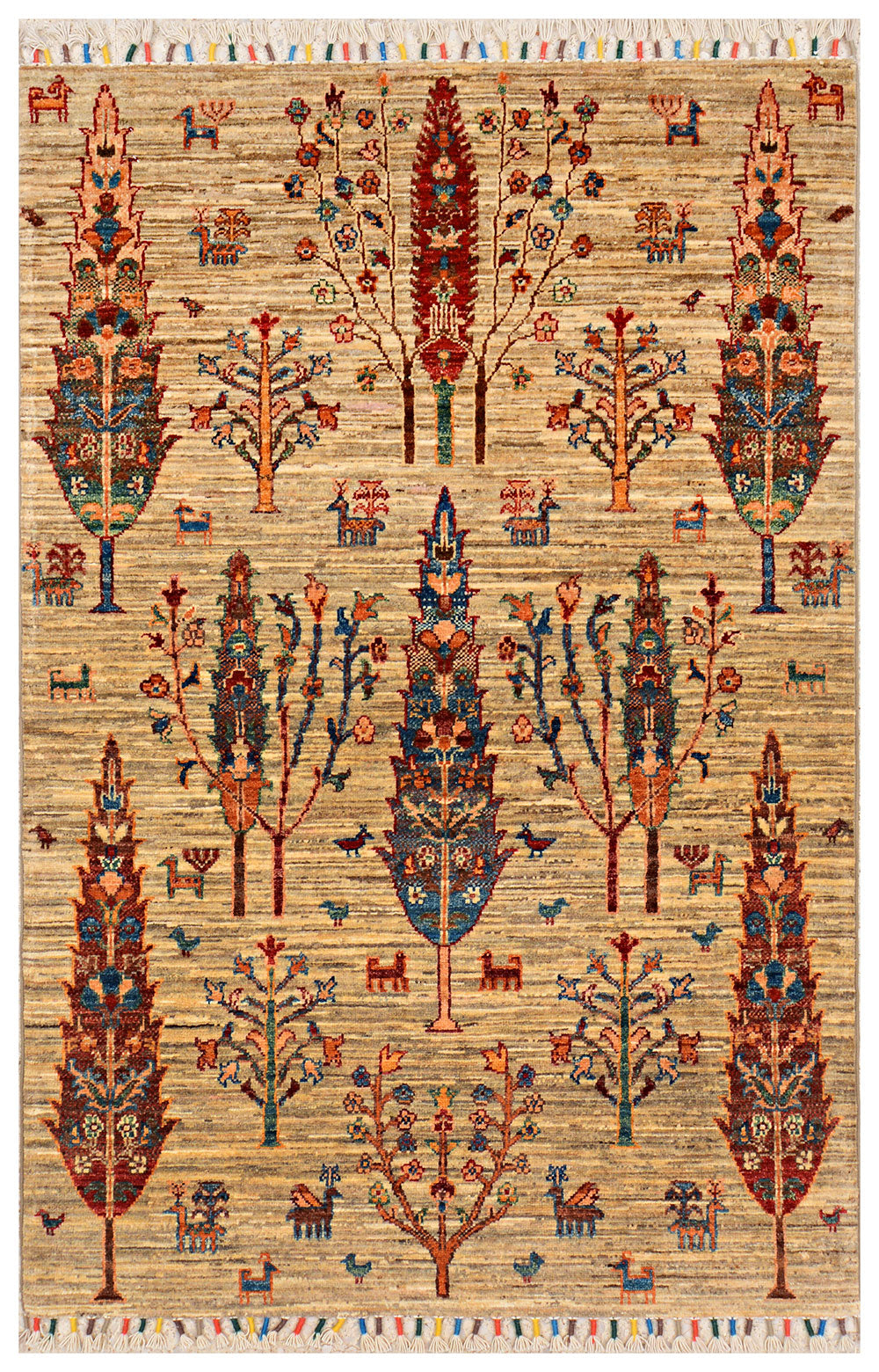 Tan Afghan Kazak Rug 3' 5 x 5' 1 Hand-Knotted