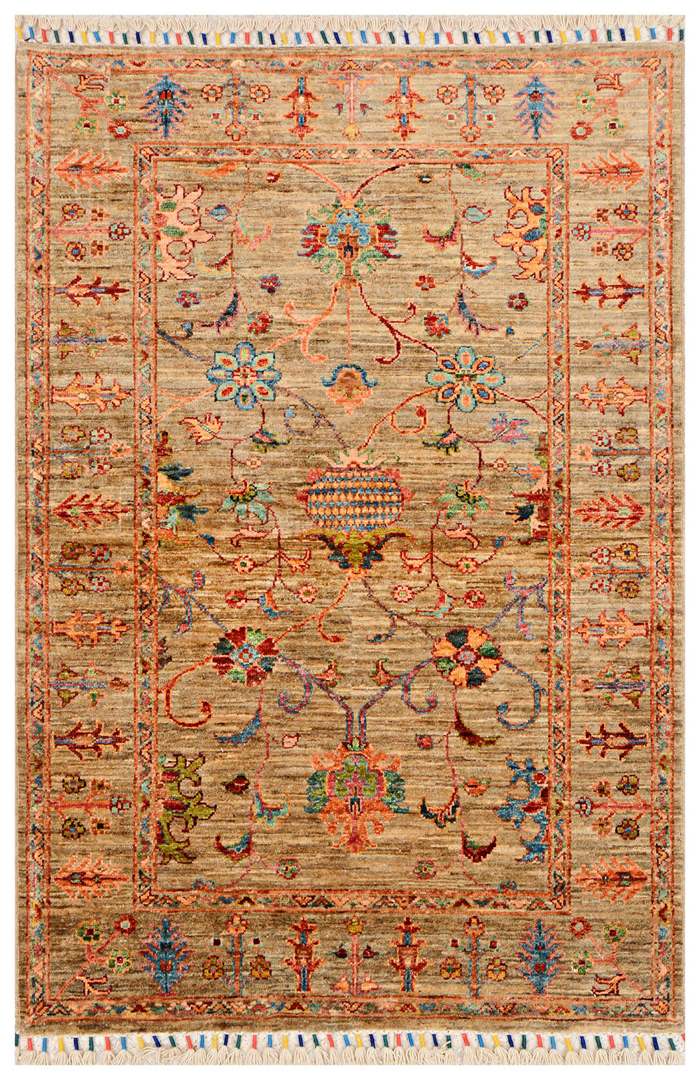 Tan Afghan Kazak Rug 3' 4" x 4' 11" Hand-Knotted