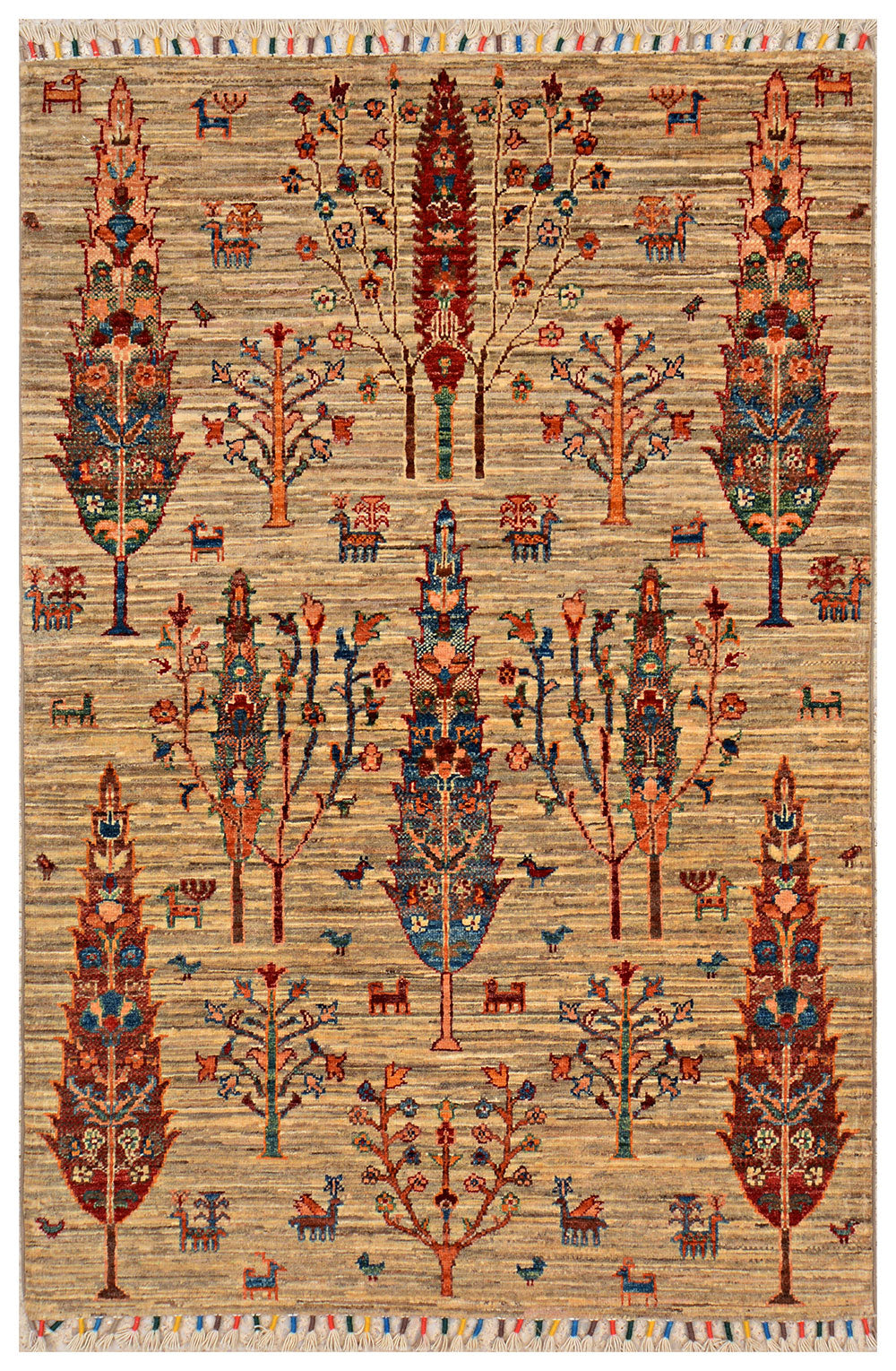 Tan Afghan Kazak Rug 3' 5 x 5' 1 Hand-Knotted