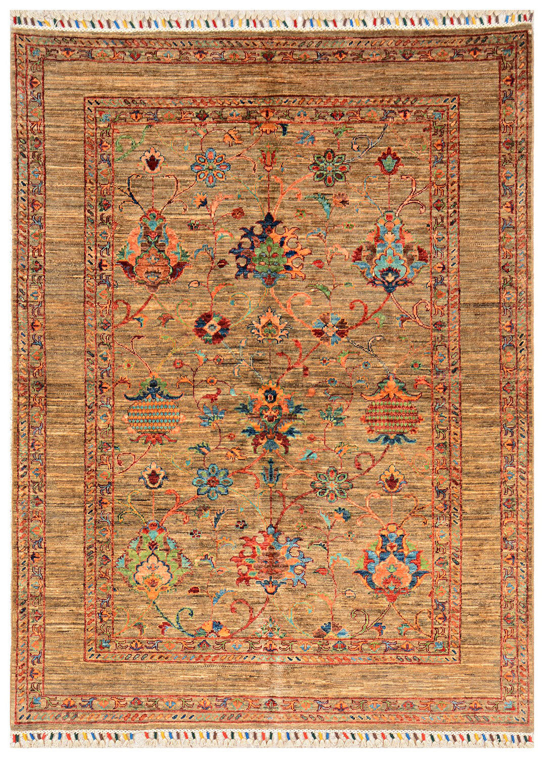Tan Afghan Kazak Rug 4'11" x 6'7" Hand-Knotted