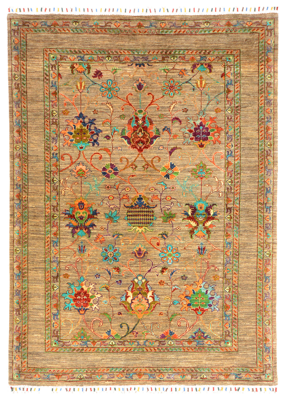 Tan Afghan Kazak Rug 5' x 6' 9 Hand-Knotted