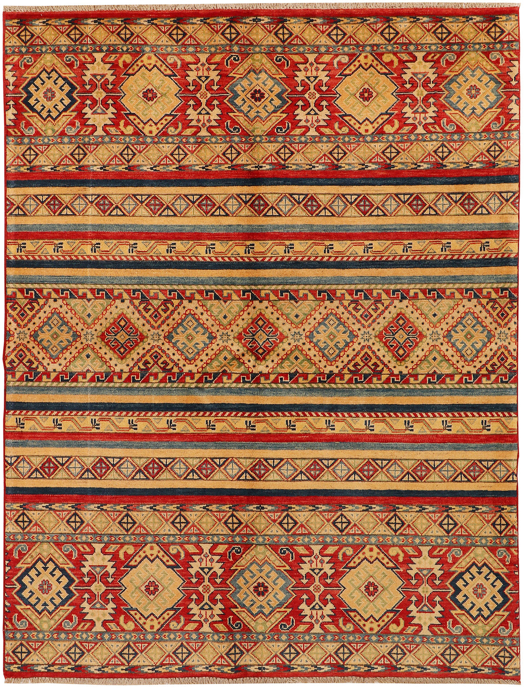 Afghan Kazak Rug 5' x 6' 8" Hand-Knotted