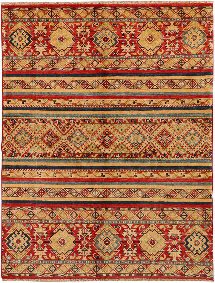 Afghan Kazak Rug 5' x 6' 8" Hand-Knotted