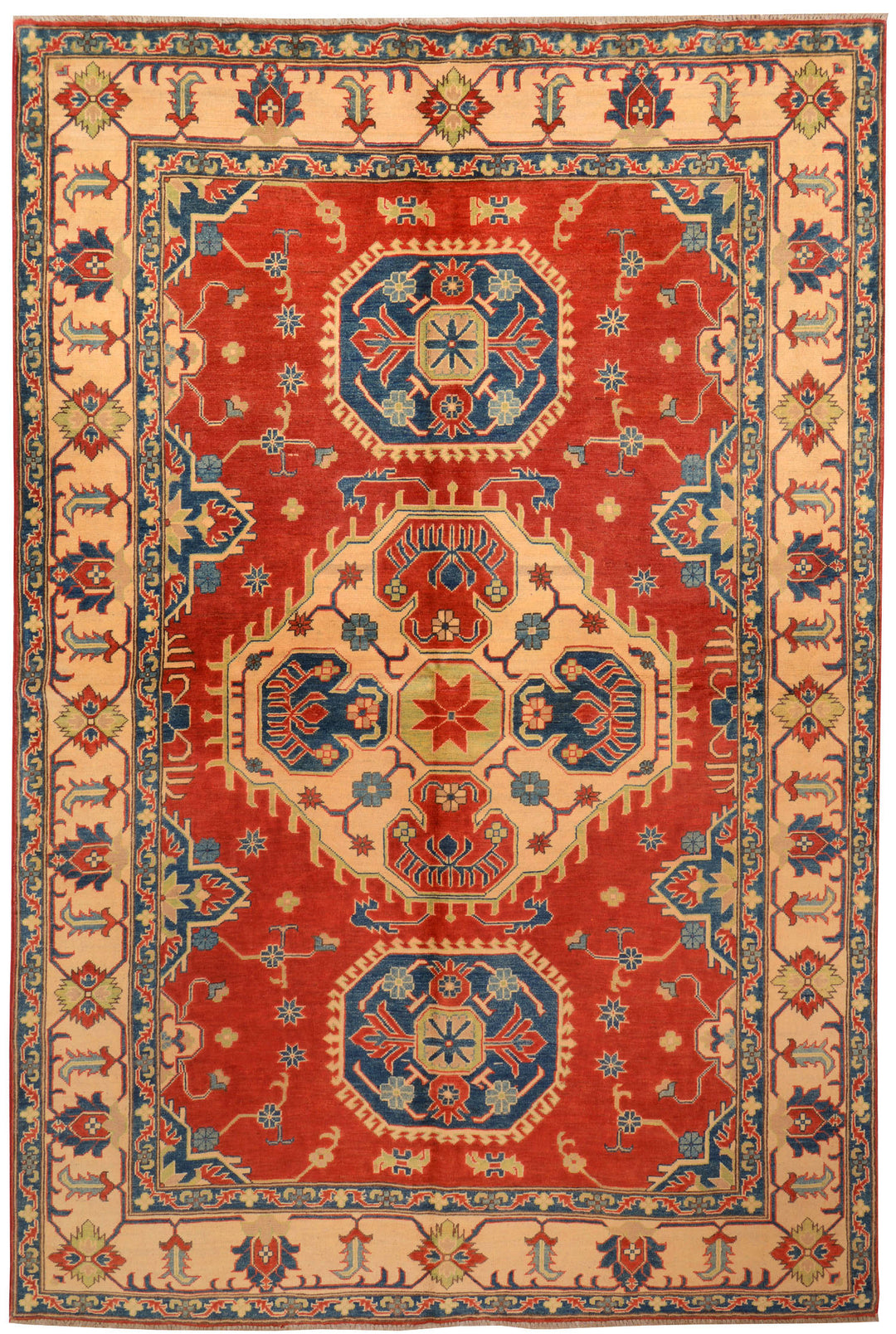 Orange Red Afghan Kazak Rug 6' 7" x 9' 11" Hand-Knotted
