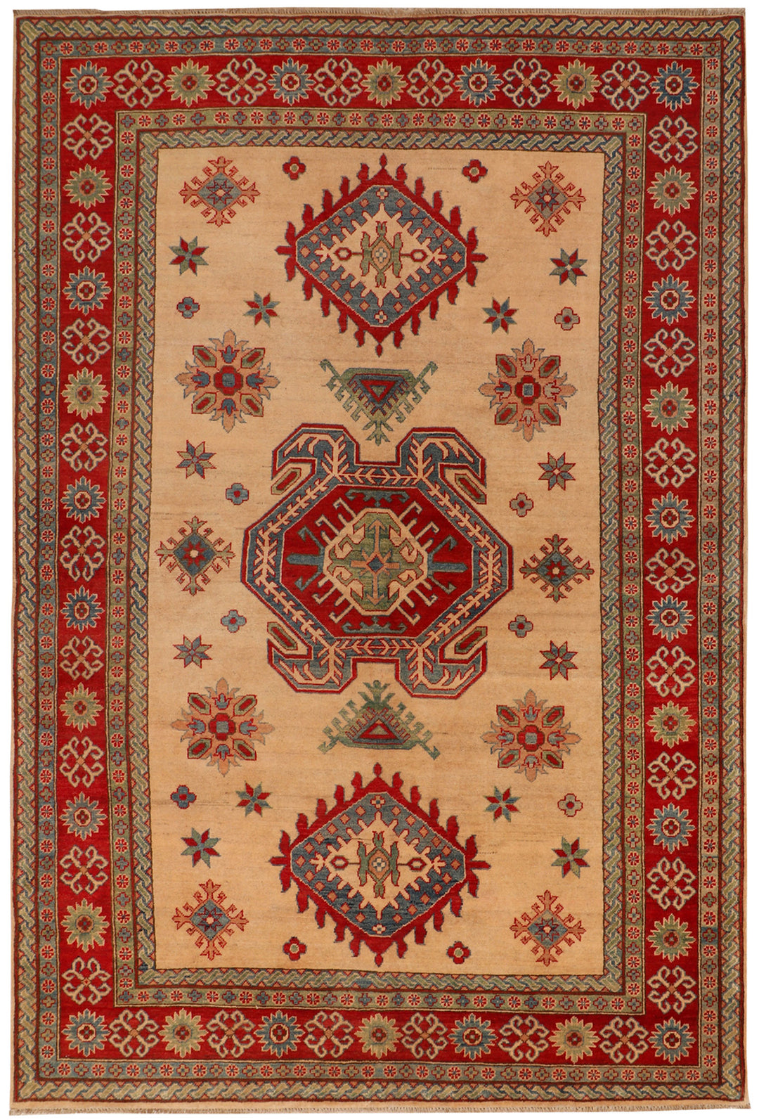 Tan Afghan Kazak Rug 6' 6 x 9' 7 Hand-Knotted