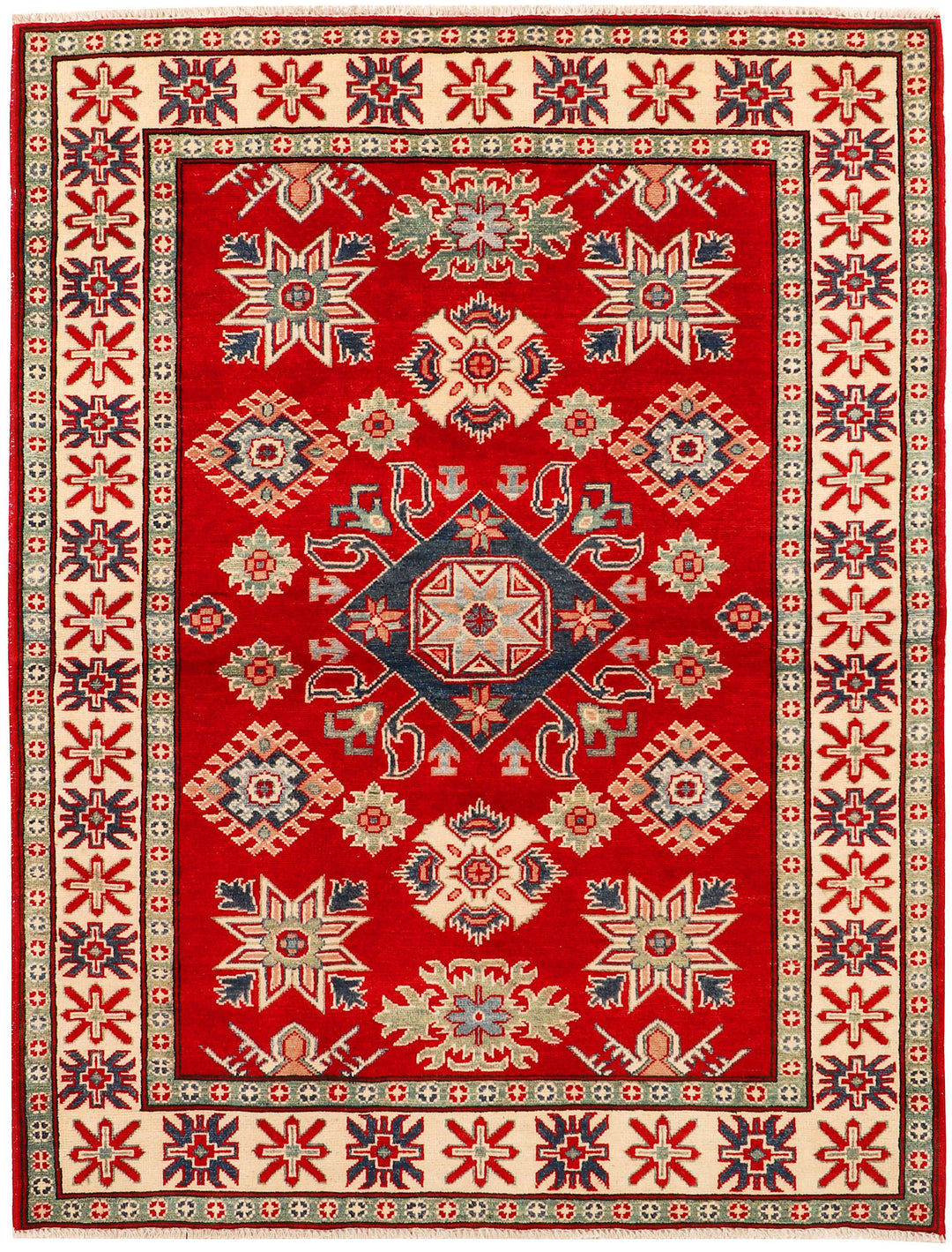 Red Afghan Kazak Rug 5' 1 x 6' 7 Hand-Knotted