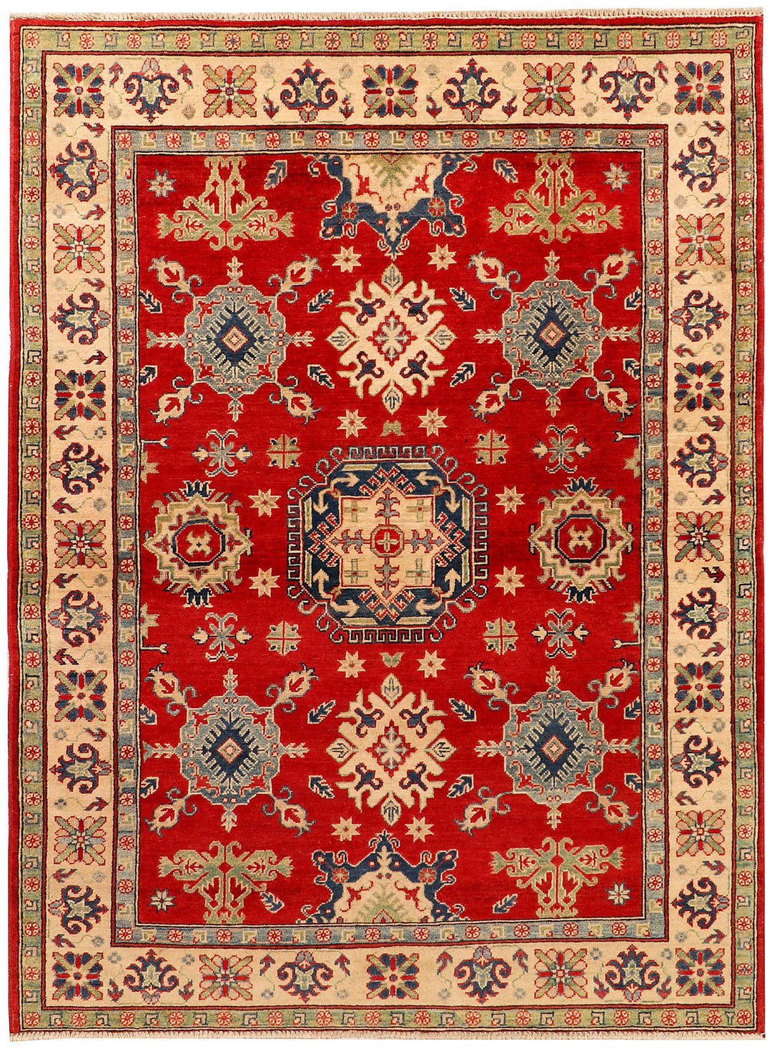 Red Afghan Kazak Rug 4' 11" x 6' 7" Hand-Knotted