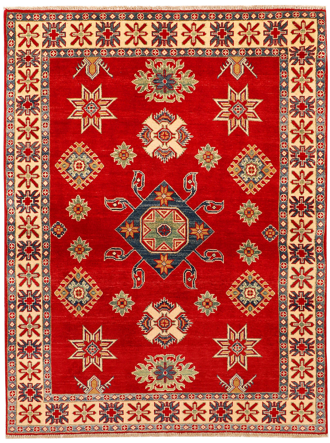 Red Afghan Kazak Rug 4'11" x 6'8" Hand-Knotted
