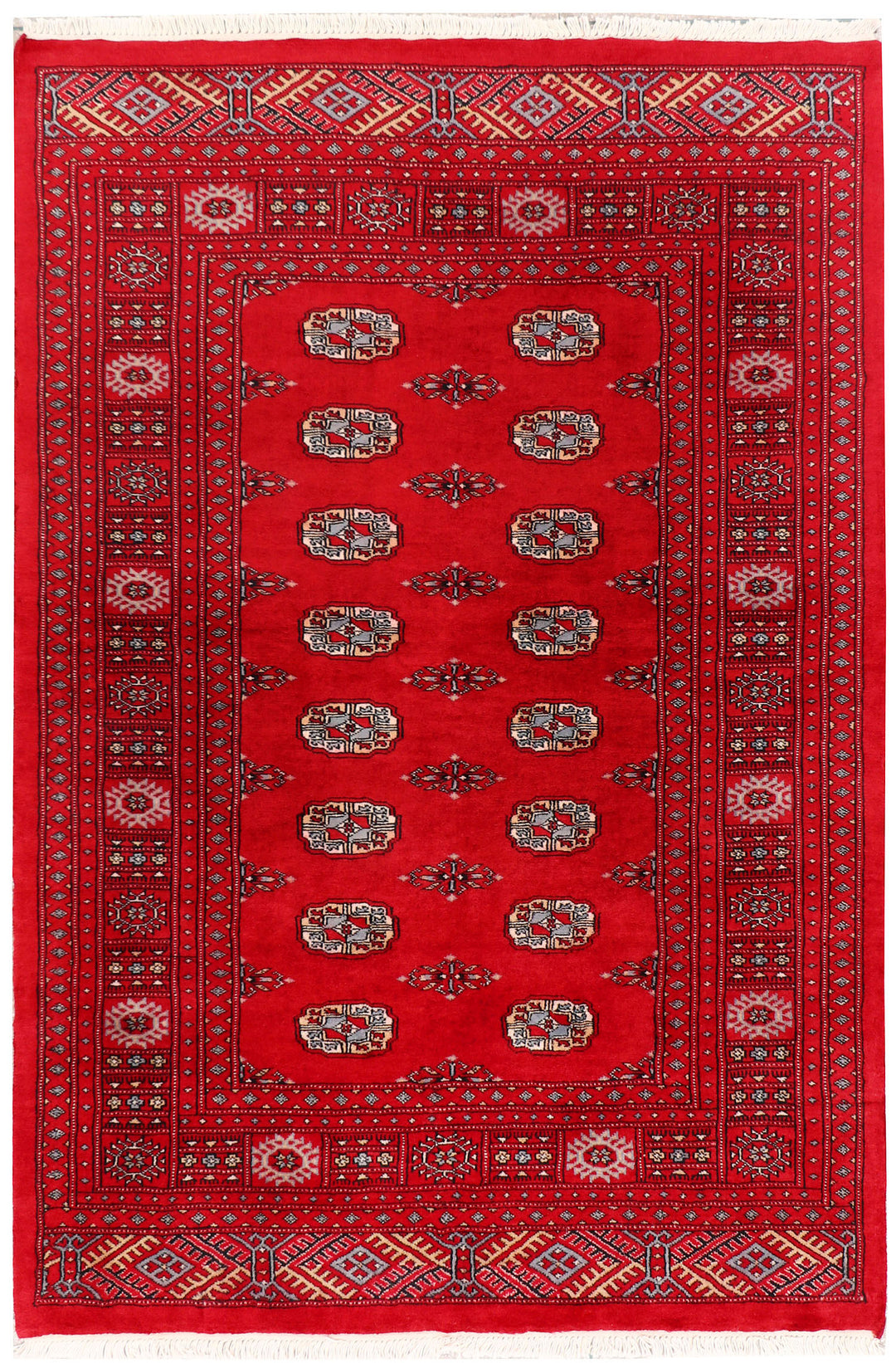 Red Pakistani Bokhara Rug 4' 1 x 6' Hand-Knotted