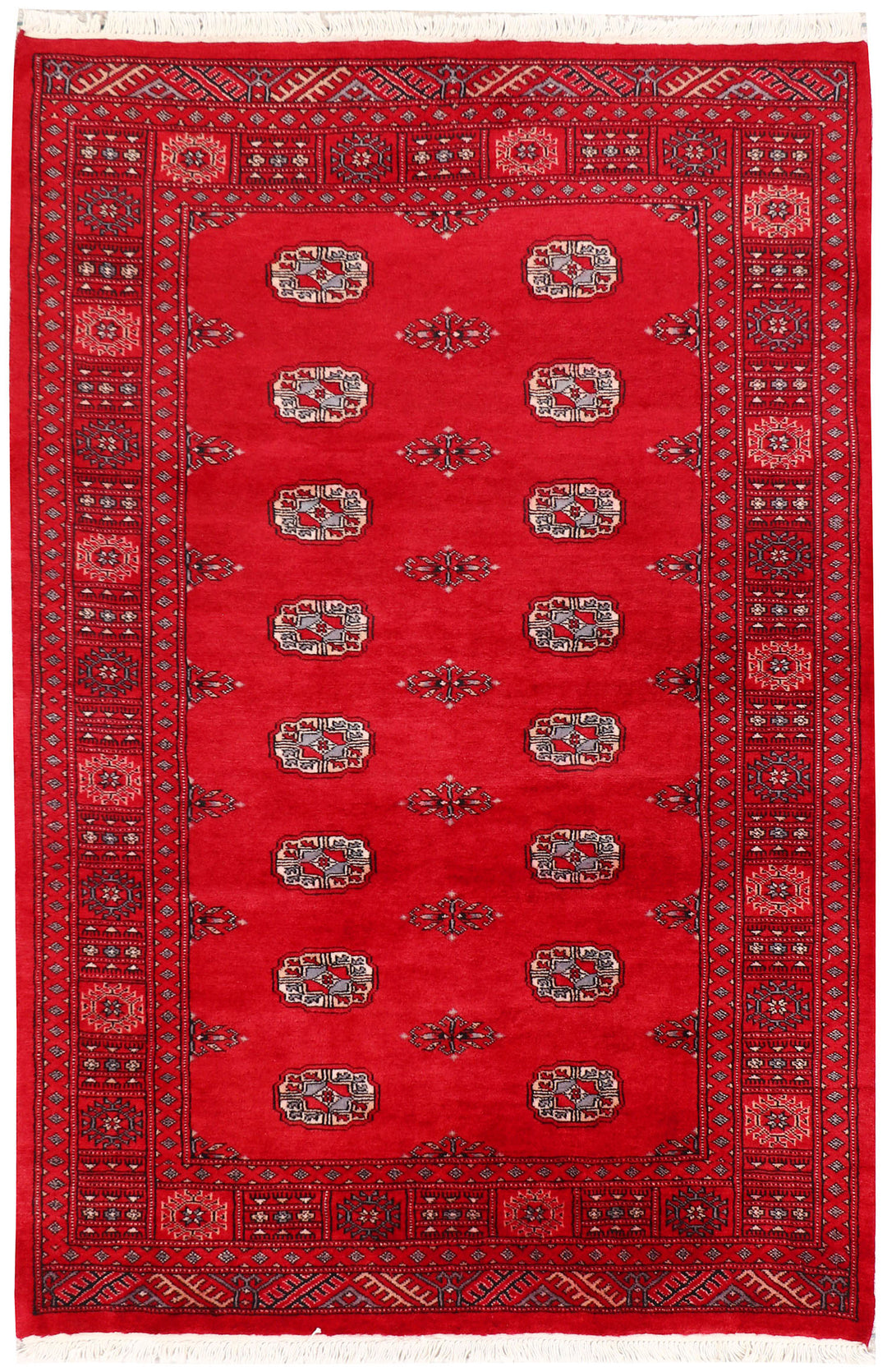 Red Pakistani Bokhara Rug 4' 1" x 6' Hand-Knotted