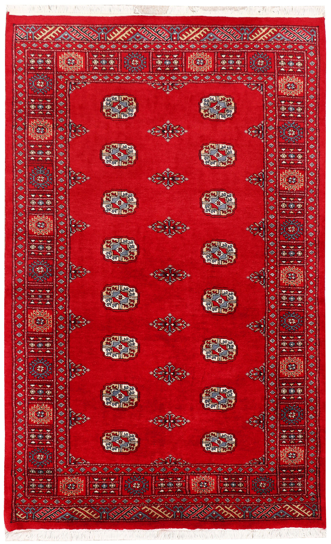 Red Pakistani Bokhara Rug 4' 2 x 6' 7 Hand-Knotted