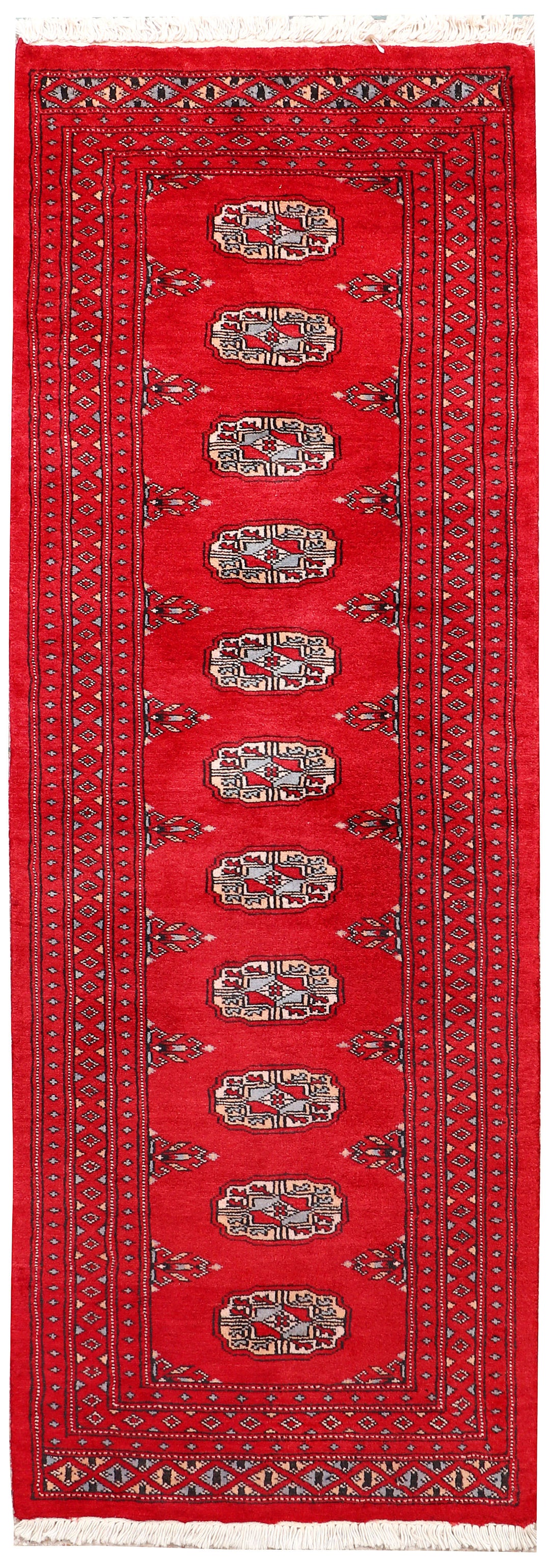 Red Pakistani Bokhara Rug 2' x 6' Hand-Knotted