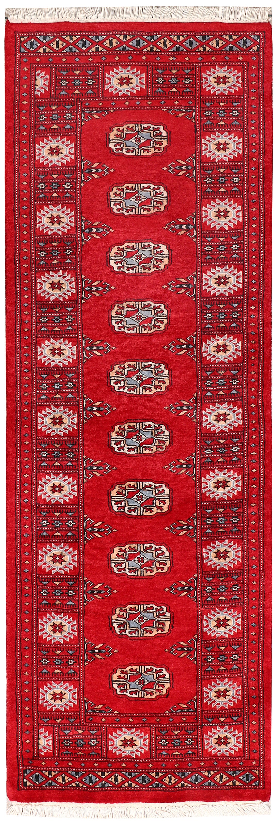 Red Pakistani Bokhara Rug 2' x 6' Hand-Knotted
