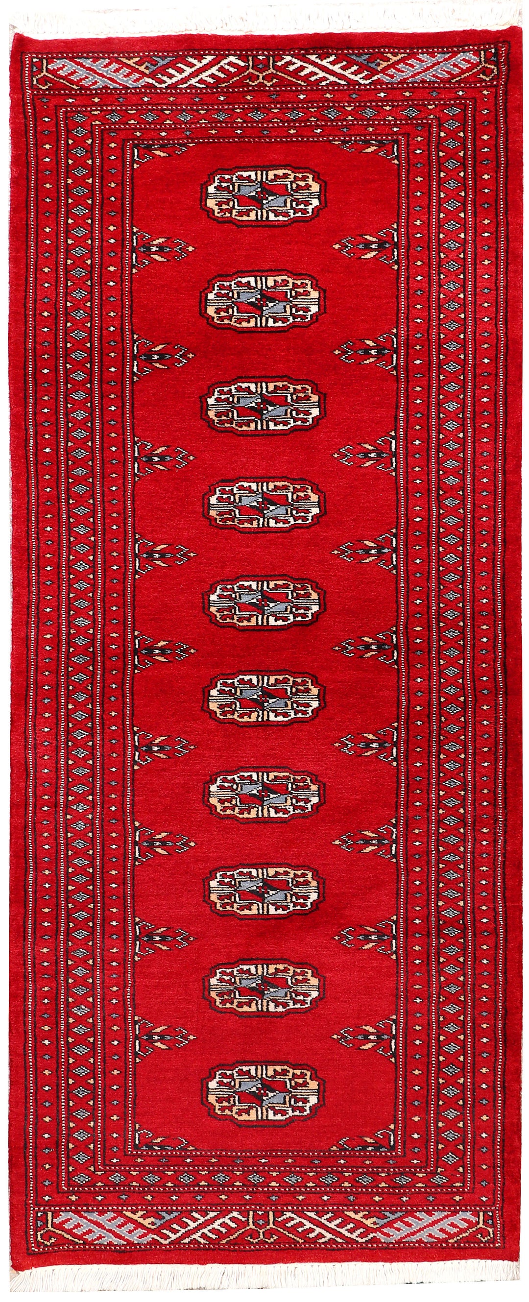 Red Pakistani Bokhara Rug 2' 1 x 6' Hand-Knotted